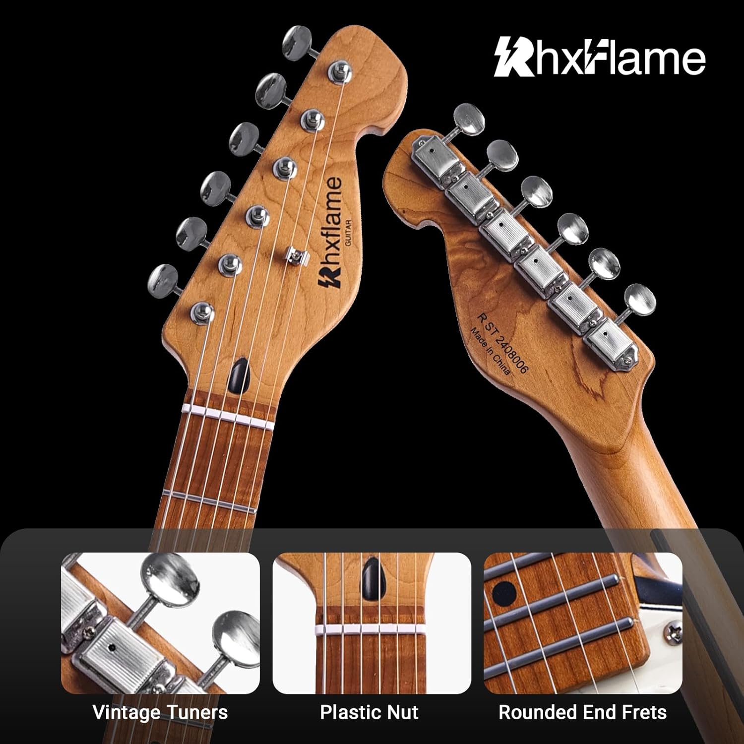 6 Strings Heavy Vintage Sunbust Electric Guitar, Alder Body, Roasted Maple Neck, Rounded Frets, Vintage Tuners, Professional/Full Size/Electric Guitars for Adults