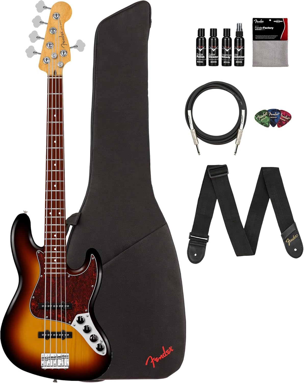 Fender Player II Modified Active Jazz Bass V - 3-Tone Sunburst Bundle with Gig Bag, Strap, Cable, 3-Pack Picks, and Guitar Cleaning Kit