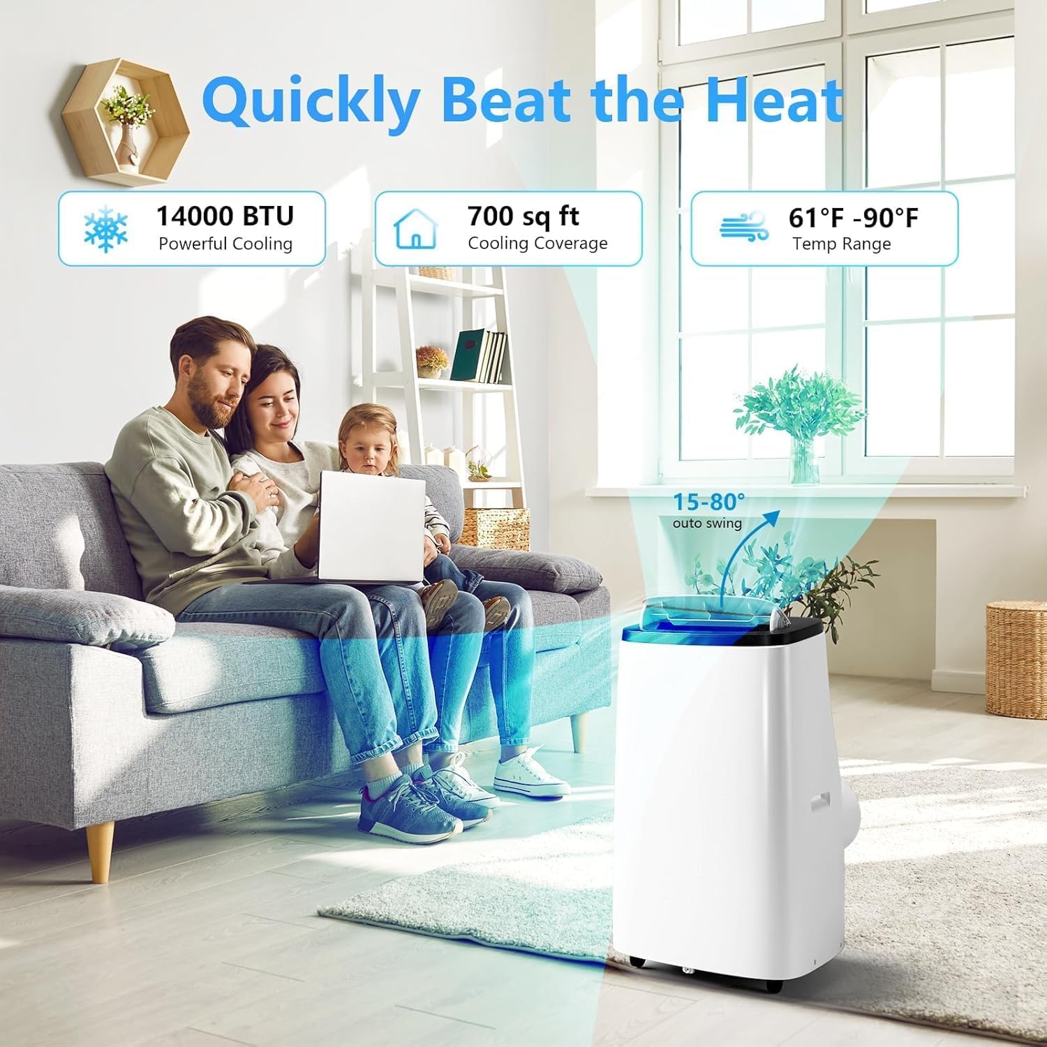 14000 BTU Portable Air Conditioner, with Remote Control 3 in-1 Ultra-Quiet Cooling, Dehumidifier & Fan for Rooms Up to 700 Sq. Ft. – Sleep Mode, 24H Timer & Windows Kit