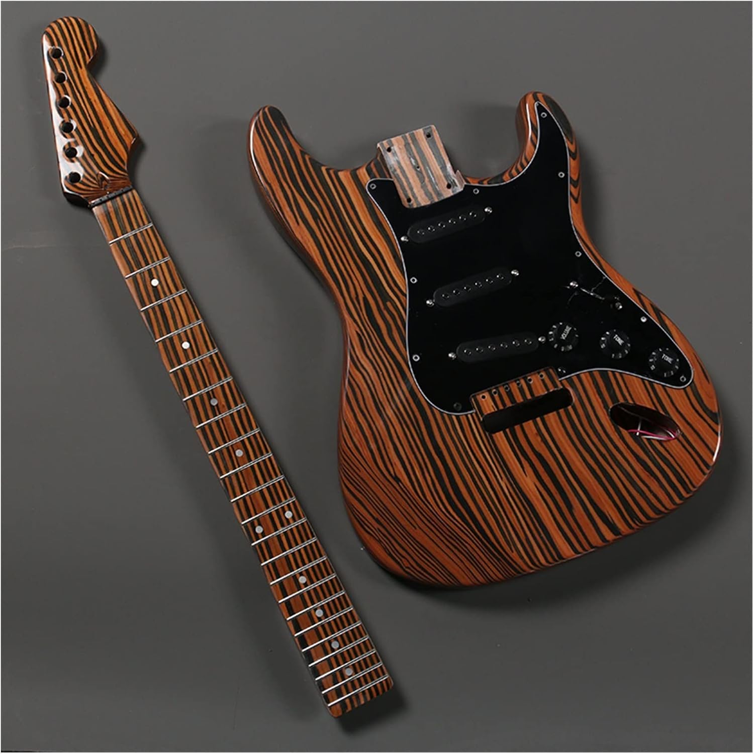 TSTS Right-Hand Unfinished Electric Guitar Builder Kit Pickups Hardware Zebrawood Body Neck&Fingerboard Unfinished Electric Guitar Kit