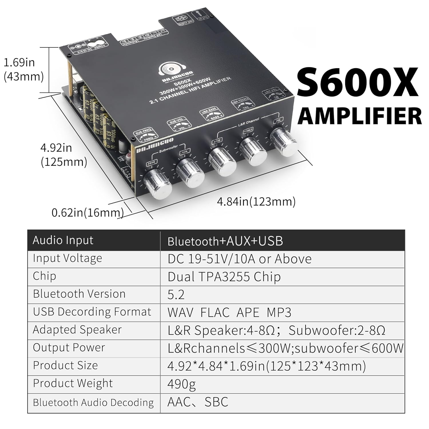S600X 2.1 Channel Amplifier Board 300W+300W+600W Power Output,TPA3255 Chip,Bluetooth 5.2,Black
