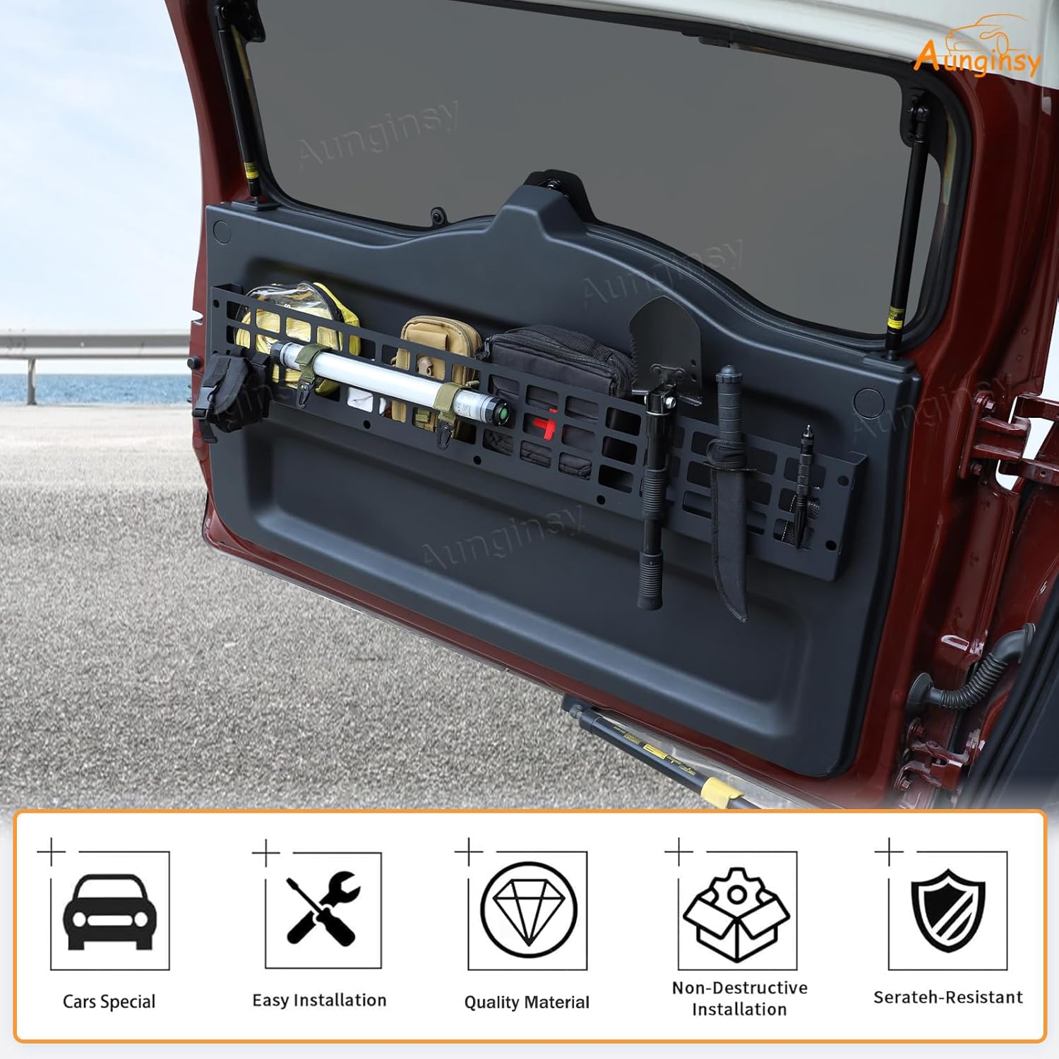 Aunginsy Rear Trunk Door Molle Storage Rack Shelf Compatible with Toyota FJ Cruiser 2007-2021 2022+, Car Tailgate Panel Hanging Organizer Holder, Back Door Storage Bracket Mount Expansion Accessories