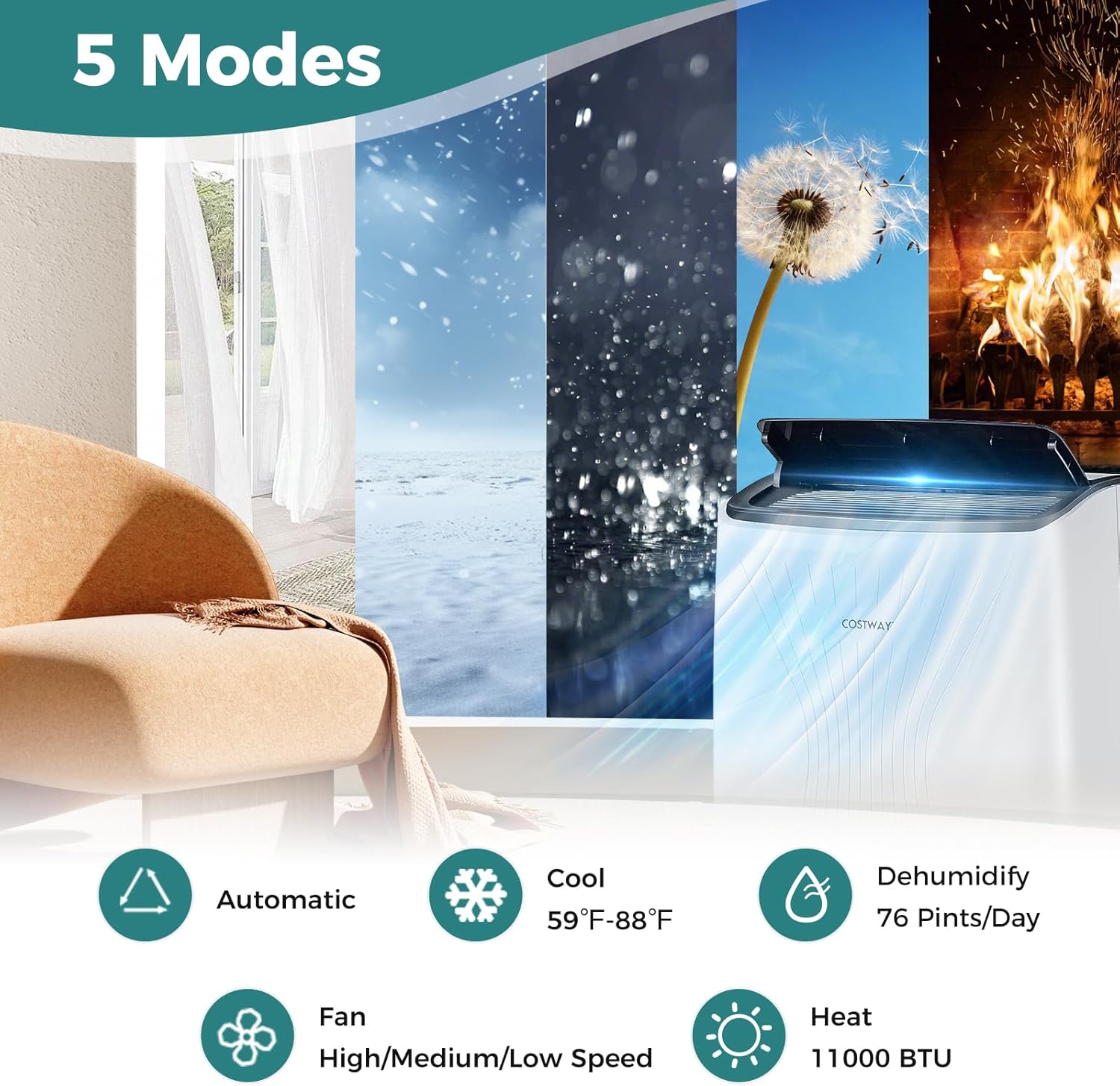 COSTWAY 14000BTU Portable Air Conditioner with Heat, Smart WiFi Enabled AC Unit, Fan & Dehumidifier w/ 24H Timer, Sleep Mode, Remote Control & Installation Kit, Cool Rooms up to 700 Sq.Ft (14000BTU)