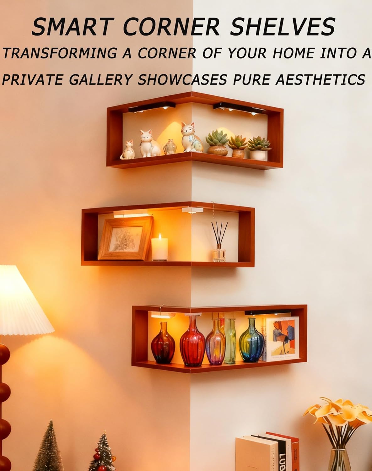 Smart Corner Shelves That Light up Your Space, Illuminated Corner Shelf with Remote, No-Drilling Illuminated Corner Blind Boxes Shelf, Floating Corner Shelves for Wall,For Collectibles(3, With lights)