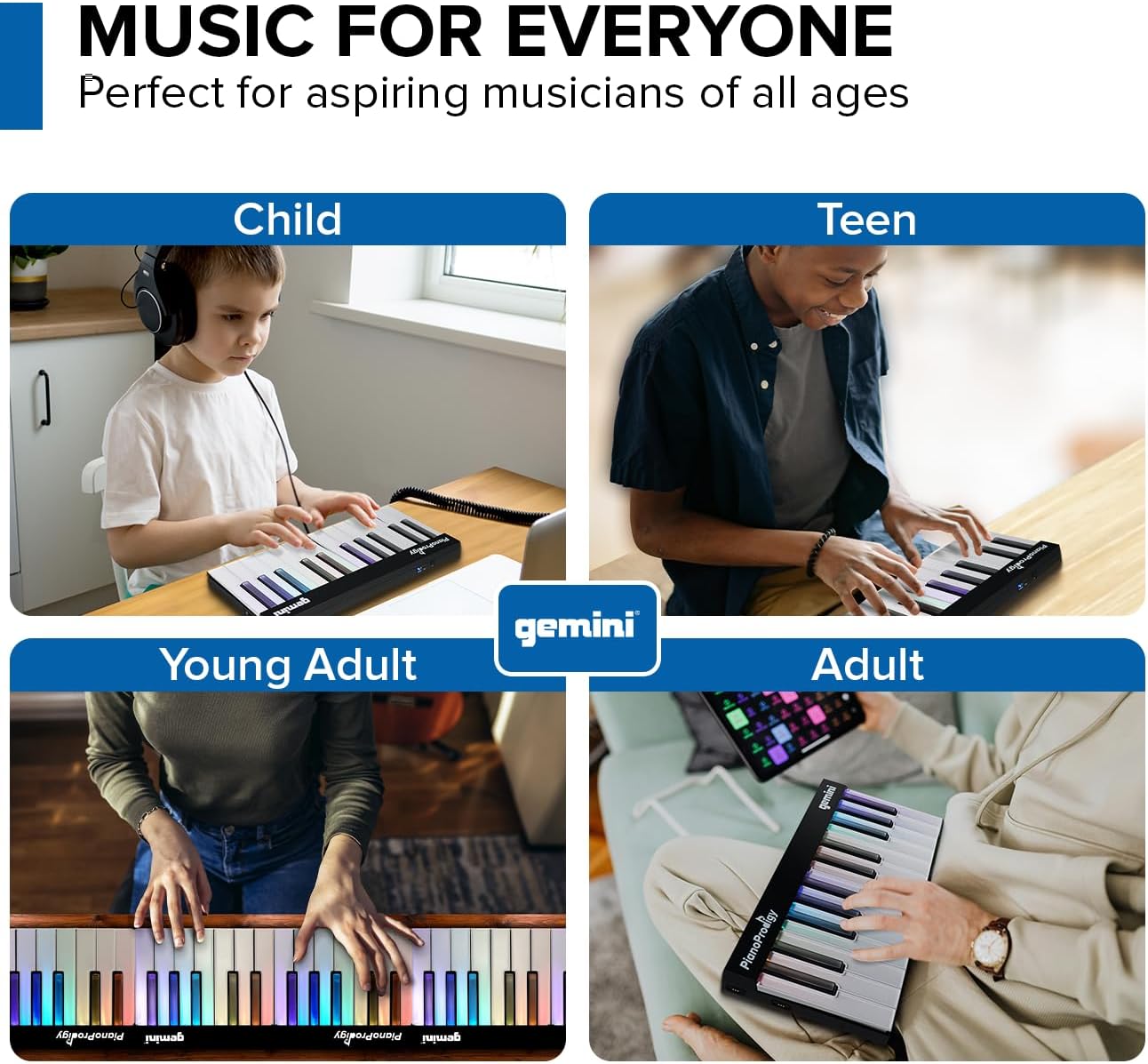 Gemini Sound PianoProdigy 24 Light-Up Keys Bluetooth MIDI Learning Keyboard – Wireless Controller for iOS/Android App (No Built-In Speakers, App Required)