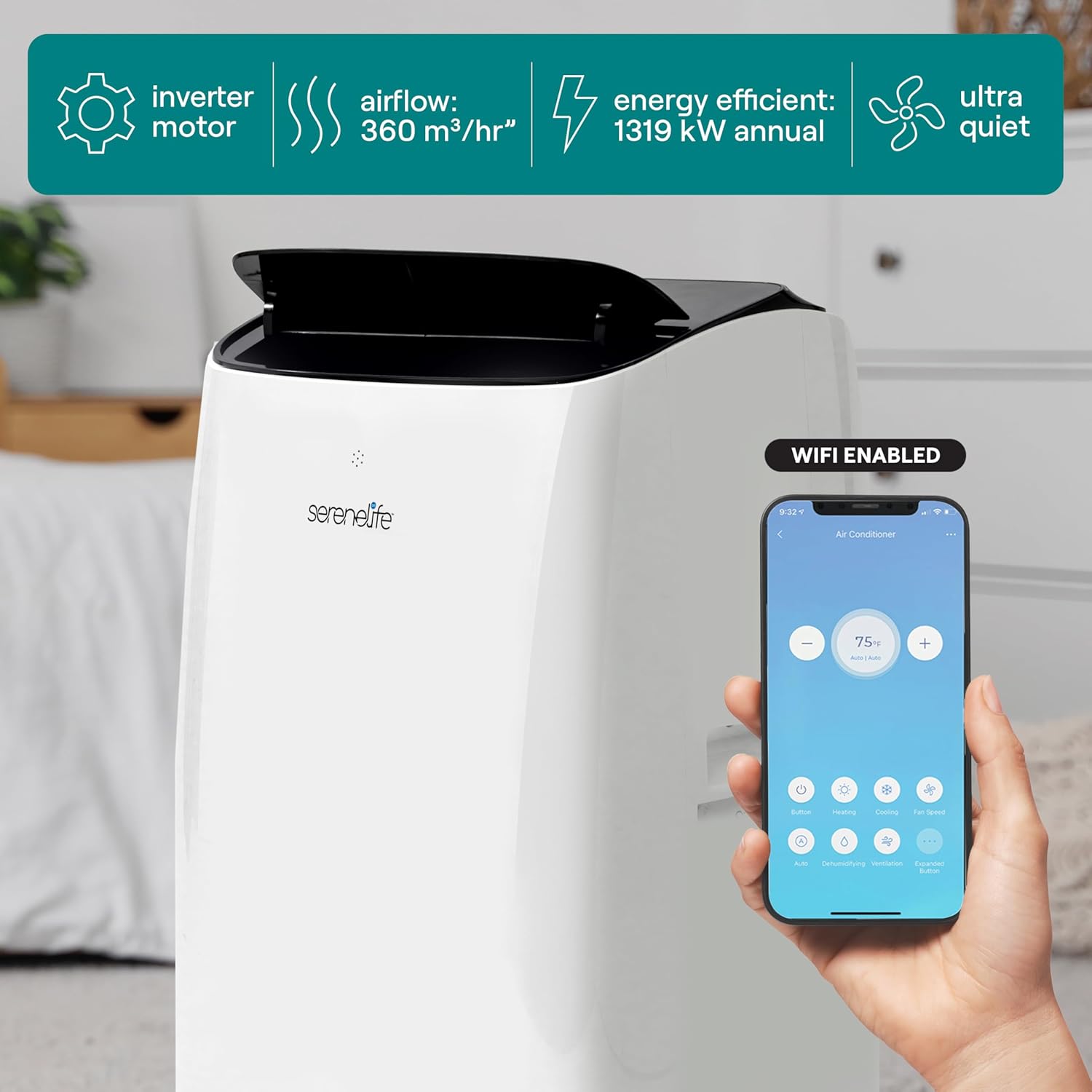 SereneLife 14000 BTU Ultra Quiet Portable Inverter Air Conditioner, Smart Cooling & Heating with WiFi, Energy Efficient, For Bedrooms, Living Spaces & Offices, 650 Sq Ft Coverage