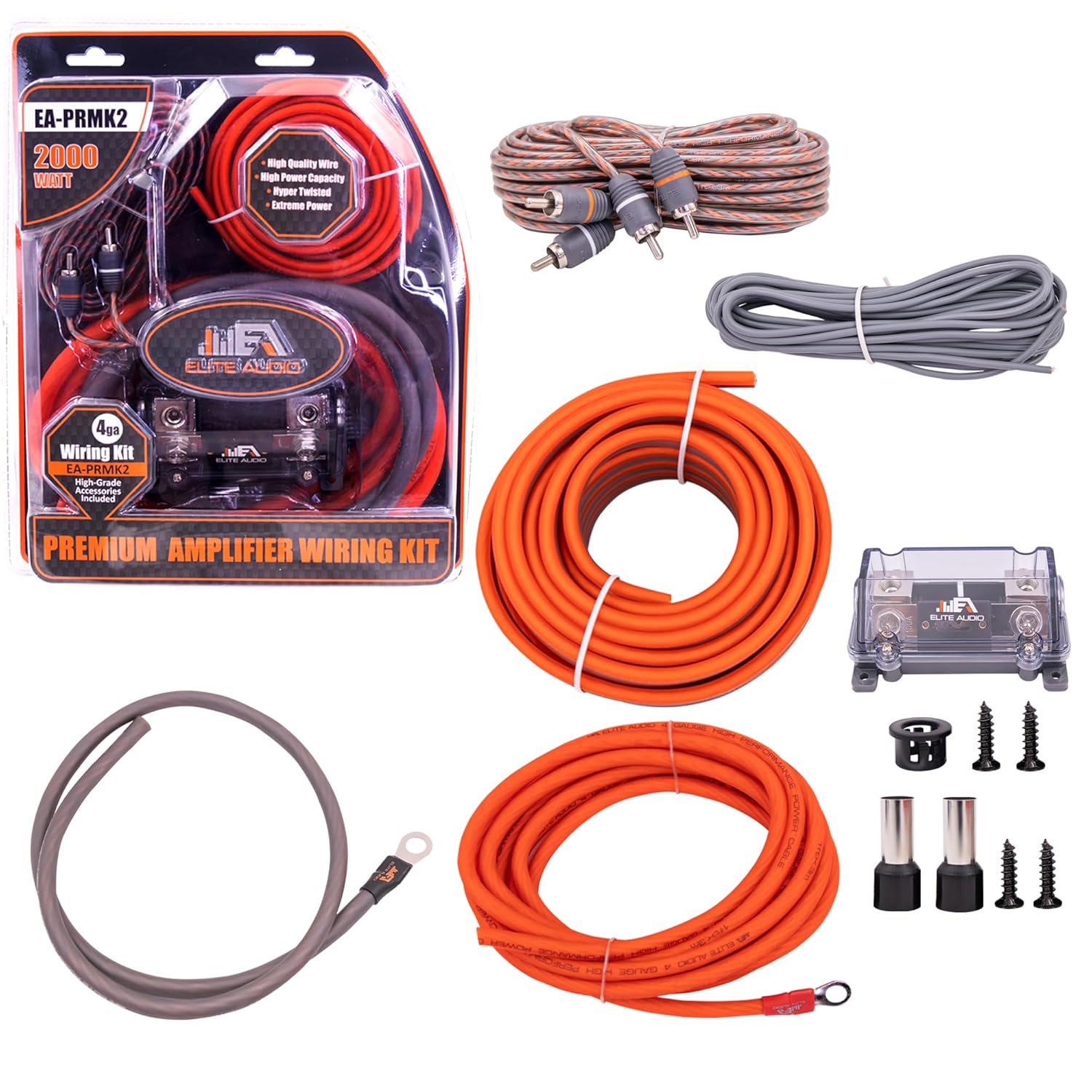 Elite Audio Premium Series Amp Kit Copper Clad Aluminum Wire, Triple-Shielded RCA Cables, High-Power Capacity, ANL Fuse Holder, Car Amplifier Install Kit (4 Gauge (Full Size ANL))