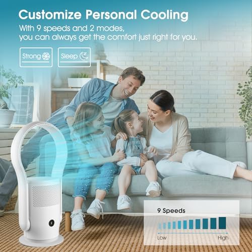 Bladeless Tower Fan with HEPA Filter, 80° Oscillating Bladeless Fan with Remote Control,9 Speeds, 8H Timer, Floor Fan for Home Bedroom, Office, White