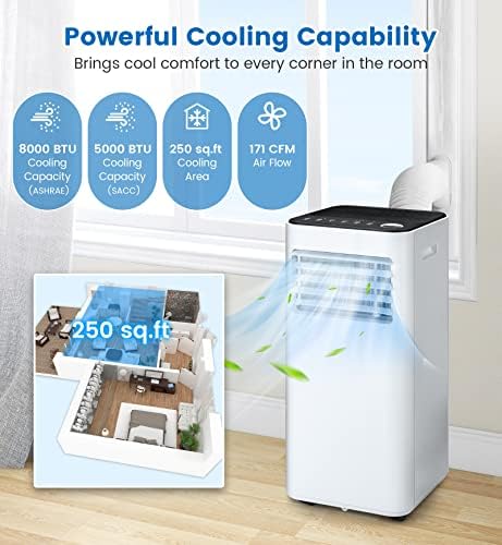 KOTEK Portable Air Conditioner for Room up to 250 Sq. Ft, 8000 BTU 3-in-1 AC Unit for Bedroom with Dehumidifier/Fan/Cool/Sleep Mode, Remote Control/Window Kit, Portable AC for Office (White-8000BTU)