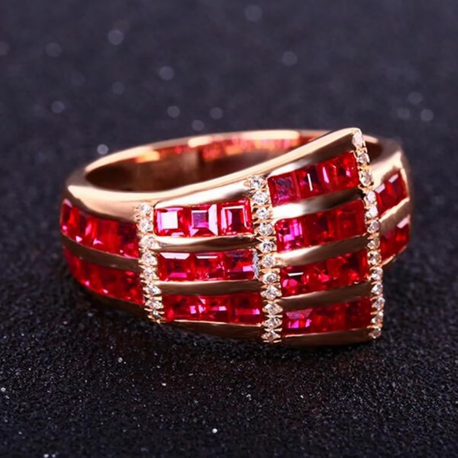 18K Yellow Gold Ring for Women, Wedding Bands Unique Lab Created Ruby Drill Row Yellow Gold Ring with Moissanite for Mother