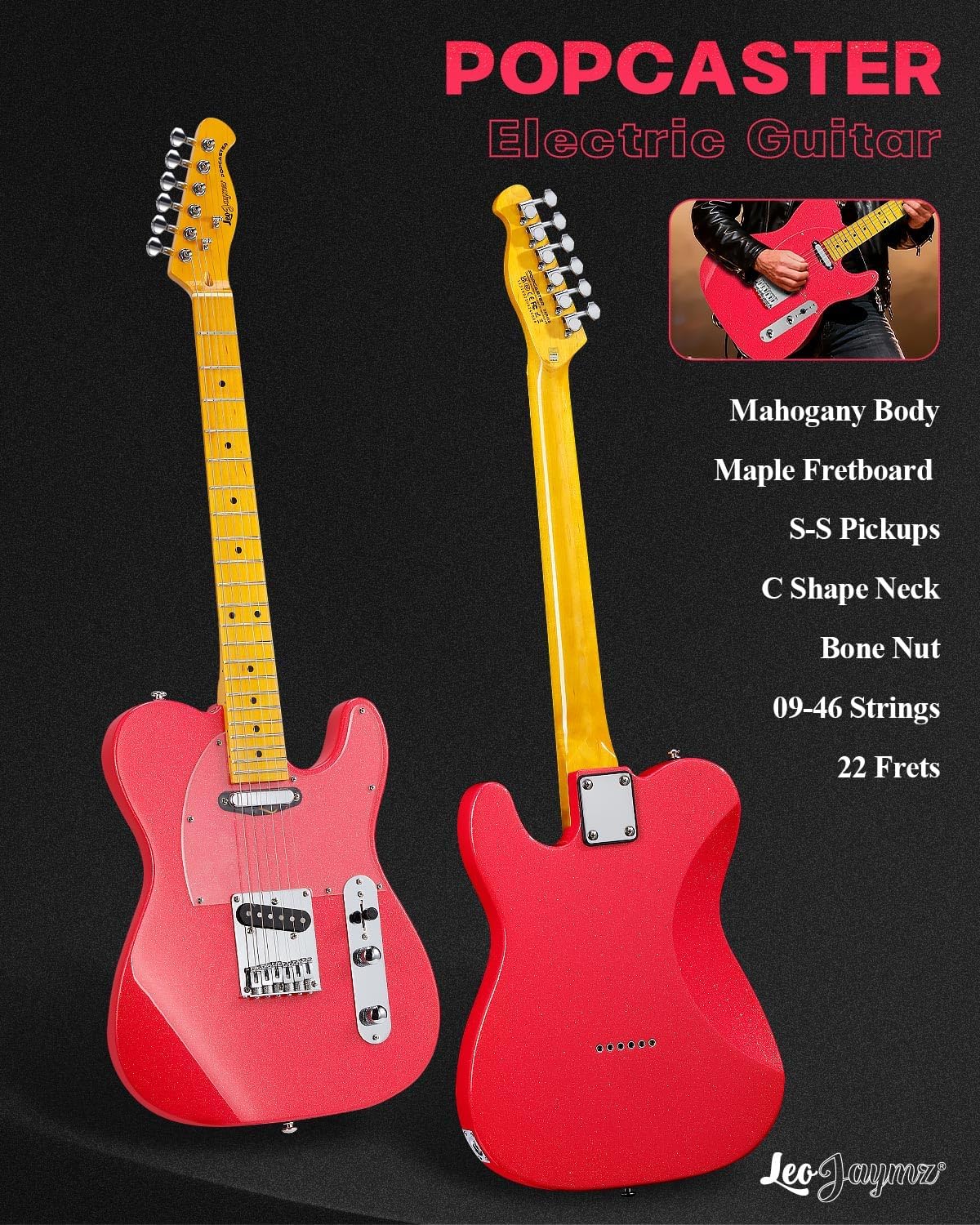 Leo Jaymz Electric Guitar in Sparkle Color - High Gloss Mahogany Body and Hard Maple Neck - High Transparent Acrylic Pickguard - Highly Output Alnico V Pickups (Elite Sparkle Pink)