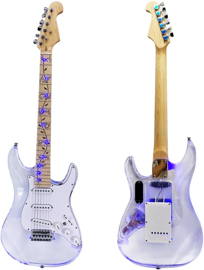 LED Light Electric Guitar - Transparent Acrylic Body Crystal Clear Design with Maple Neck - Stage Performance Guitar with Blue Lights Guitar (Style 3)
