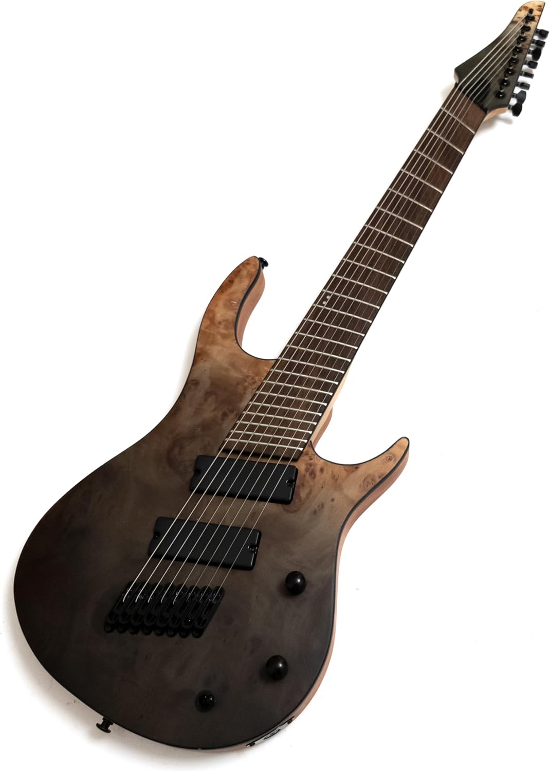 8-String Fanned Fret Electric Guitar, Grey Tide Fade, Mahogany Body Poplar Burl Top, Stainless Steel Frets