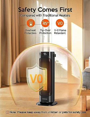 VAGKRI 24-Inch Oscillating Ceramic Tower Space Heater for Home with Remote Control, Adjustable Thermostat, Timer, Overheat, Rollover Protection, and Portable Design for Bedrooms, Offices 1500W Black