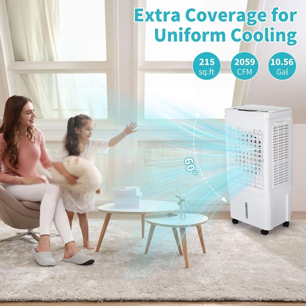 40L Portable Air Conditioner Cools Up to 215 Sq.Ft, Evaporative Low Noise AC Unit with Remote Control Fits 3-Speed Personal Air Conditioner Cooling Fan for Large Room, Office, Garage