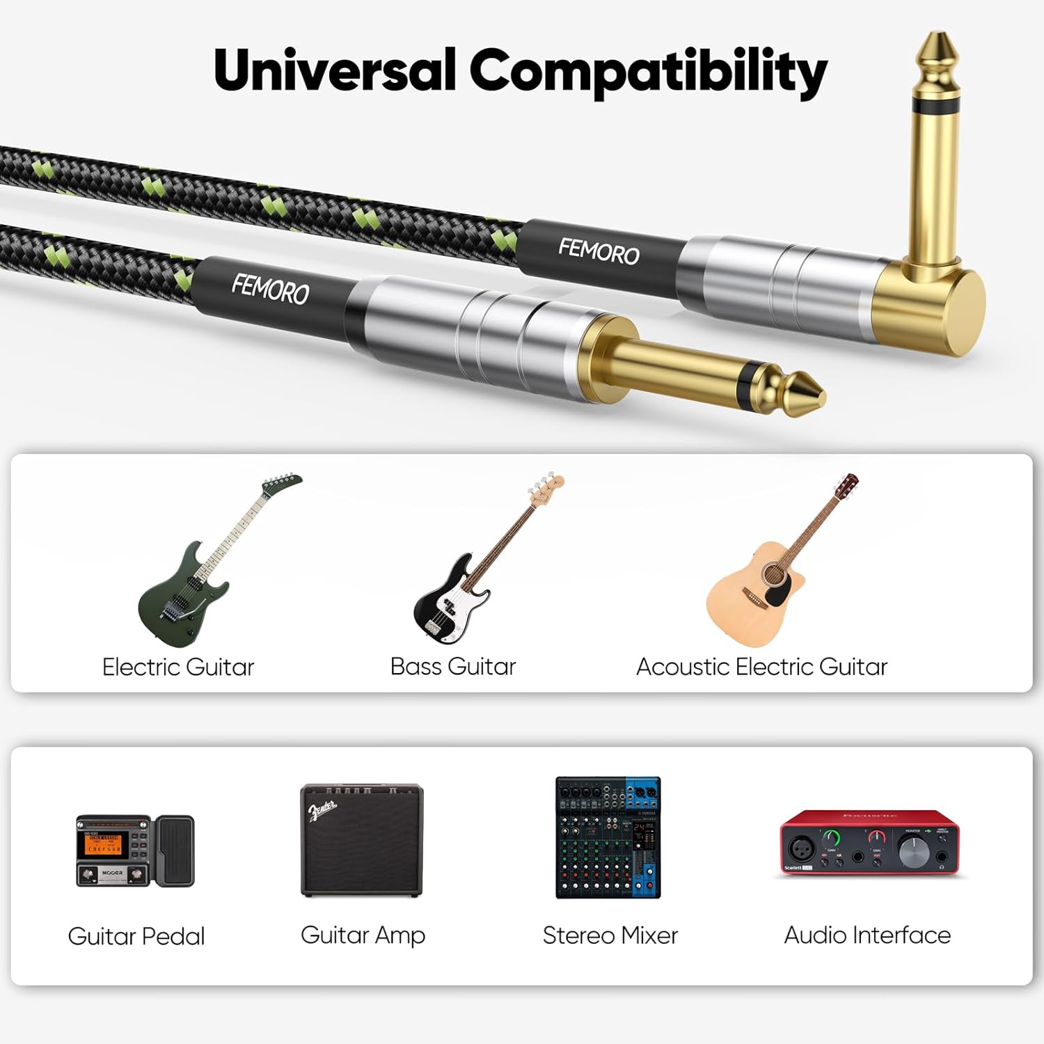 FEMORO Guitar Cable 10 ft 10-Pack, Instrument Cord TS 1/4 Inch Audio 22AWG Chord 6.35MM Right Angle Support Guitar Amp/Stereo Mixer/Audio Interface/Guitar Pedal