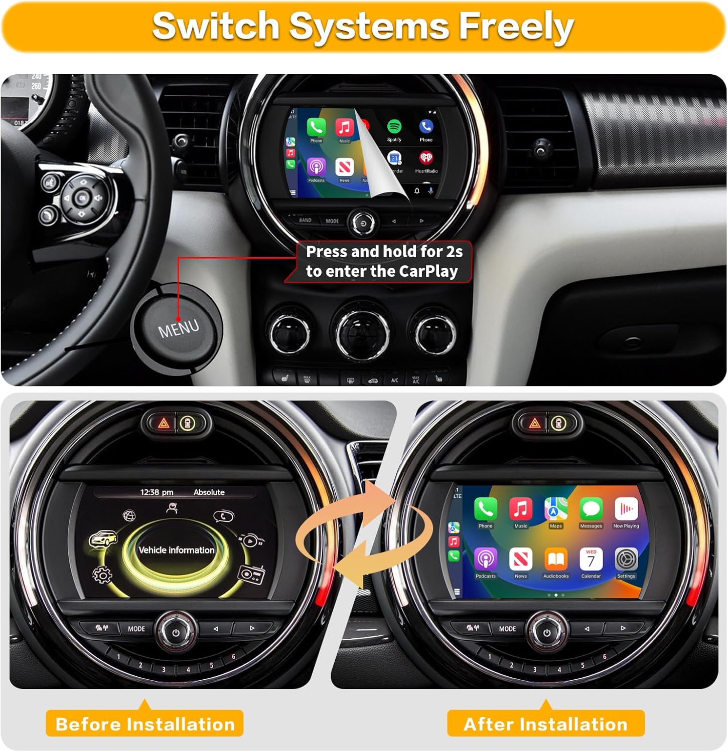 Carplay Wireless Decoder for BMW Mini 2014-2017 Year Car, Android Auto Retrofit Kit for BMW NBT System, Support Wireless Android Auto, YouTube,Mirrorlink, Reverse Camera
