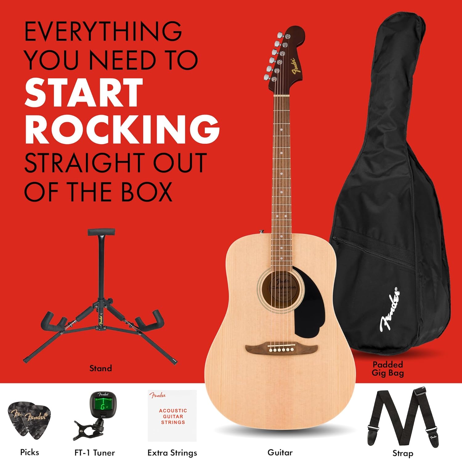 Fender California Debut Redondo Series Acoustic Guitar Pack, Beginner Guitar, 2-Year Warranty, Includes Gig Bag, Stand, and More, Natural