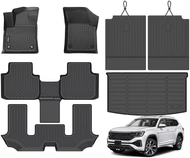 ANBINGO® Floor Mats & SeatBack Cargo Liner/Atlas 2018-2026 6 Passenger / 2nd Row with Bucket Seat / (50/50 Velcro Tape Fixed Backseat) TPE 3 Rows Car Mat Waterproof, Accessories