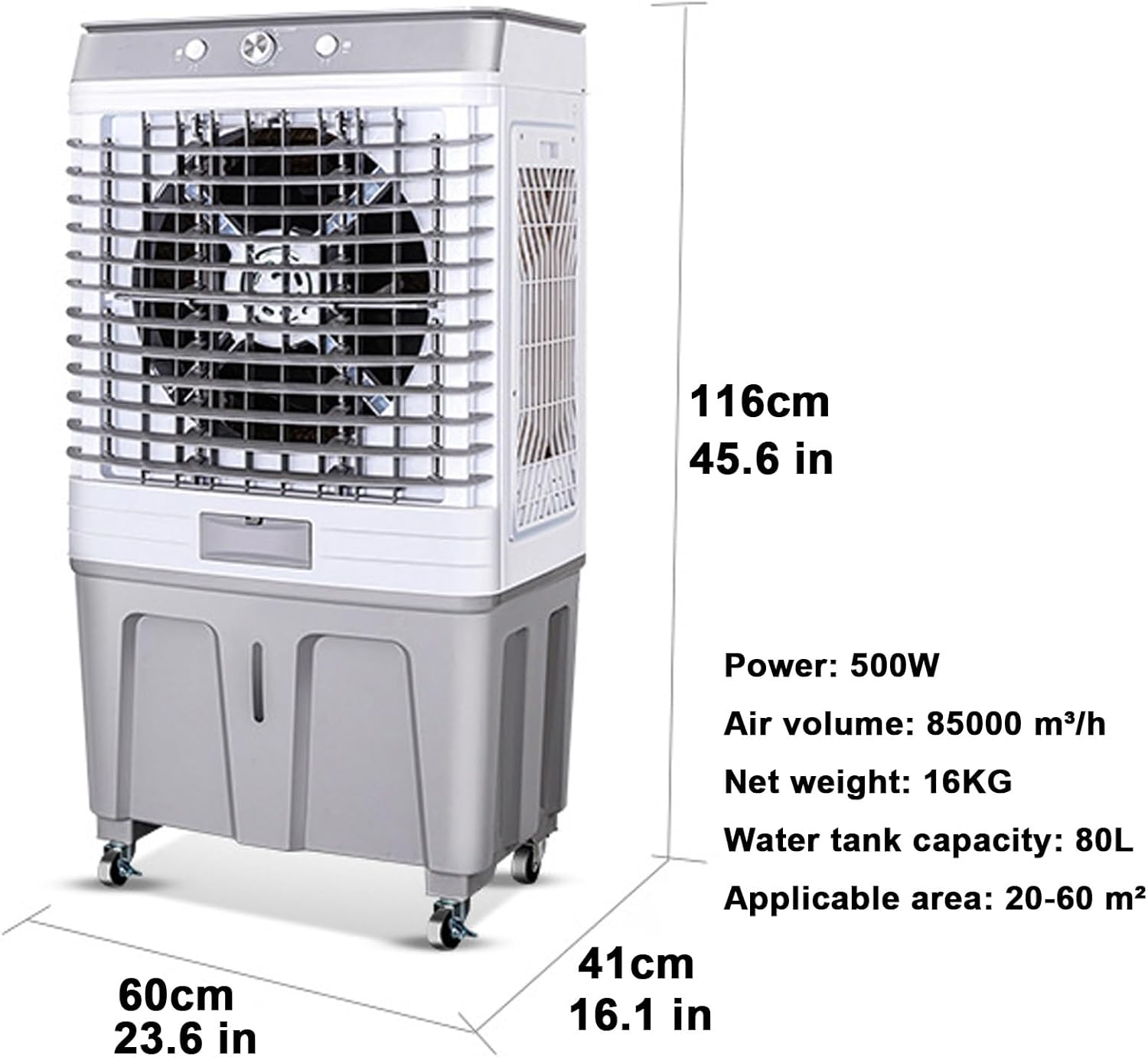 Swamp Cooler Air Conditioner, Evaporative Air Cooler, Portable Cooling Fan 16 Gal Water Tank, 3 Speeds, 4 Ice Boxes, 120°oscillation for Room Garage Patio(60x41x116cm/23.6x16x45.6in)