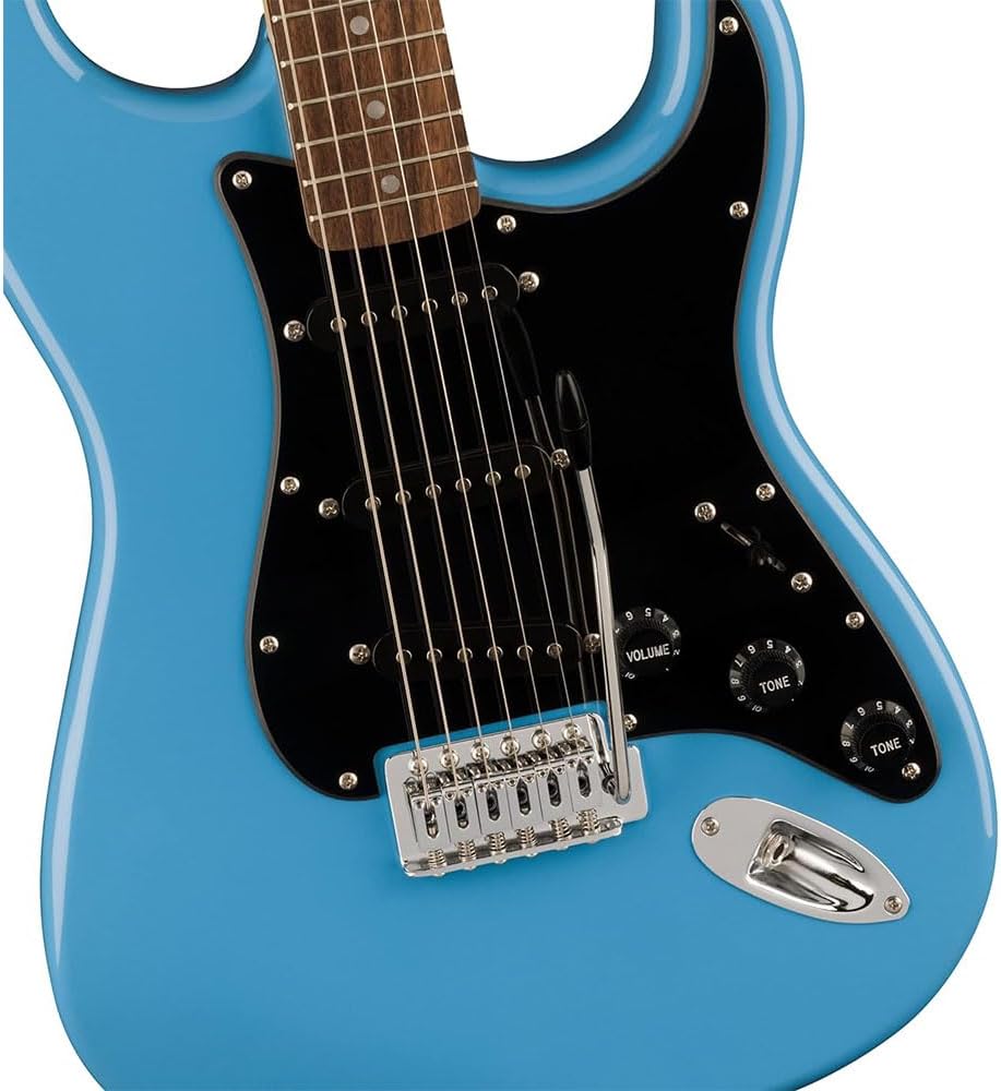 Squier Sonic Stratocaster Electric Guitar California Blue, Laurel Fingerboard, Black Pickguard Bundle with Fender Logo Guitar Strap Black, Fender 12-Pack Celluloid Picks, and Cable