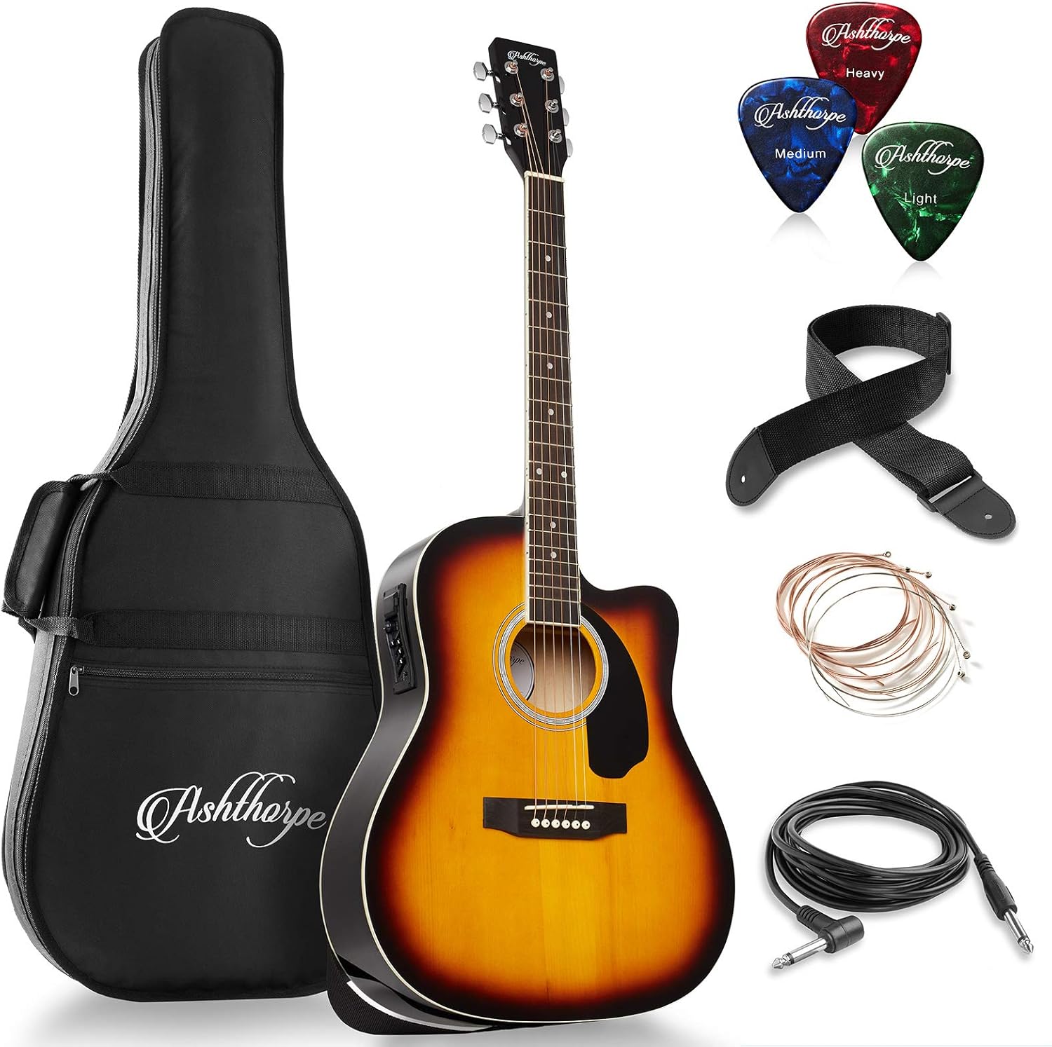 Ashthorpe Full-Size Dreadnought Cutaway Acoustic-Electric Guitar Bundle - Premium Tonewoods - Sunburst