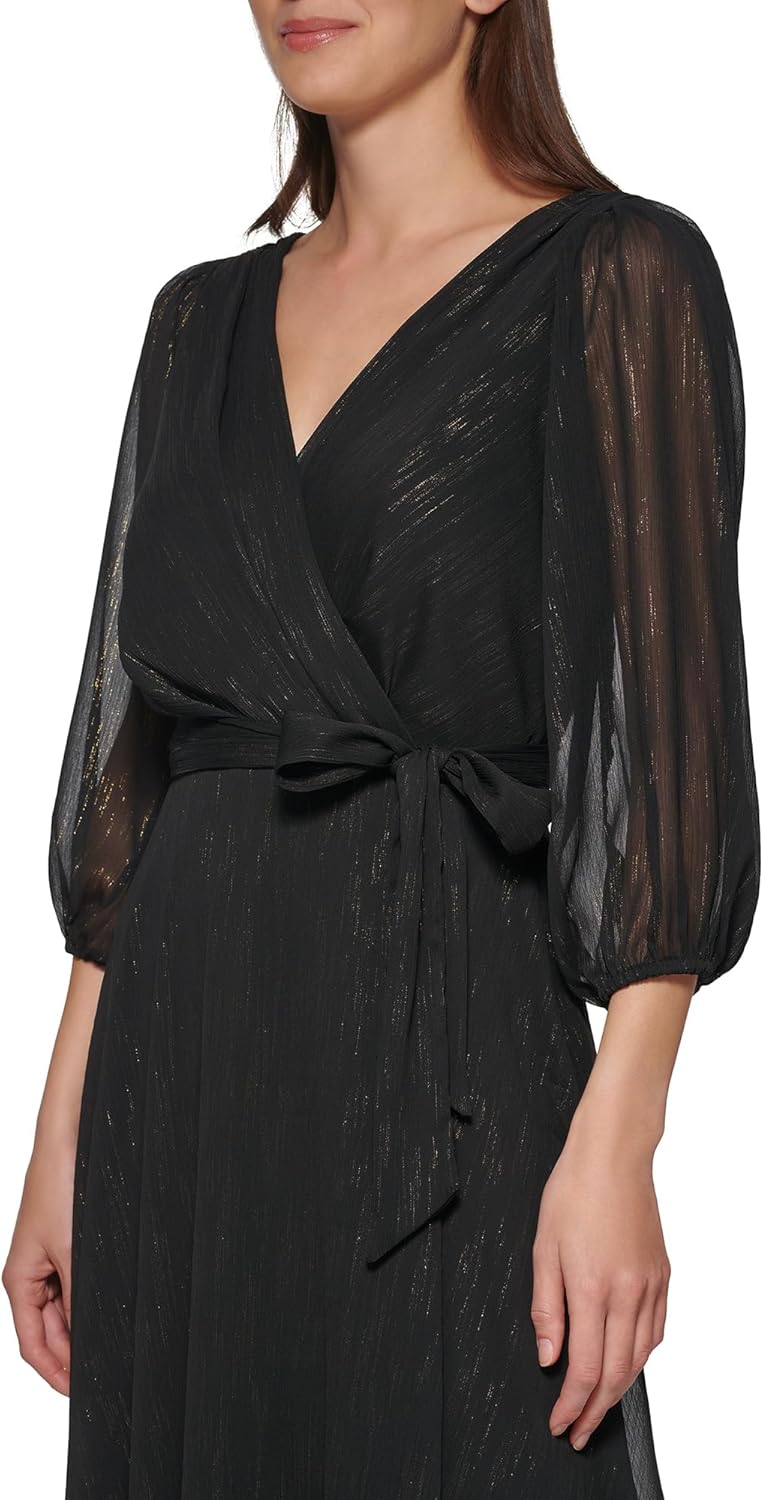 DKNY Womens Half Balloon Sleeve Faux Wrap Midi Dress