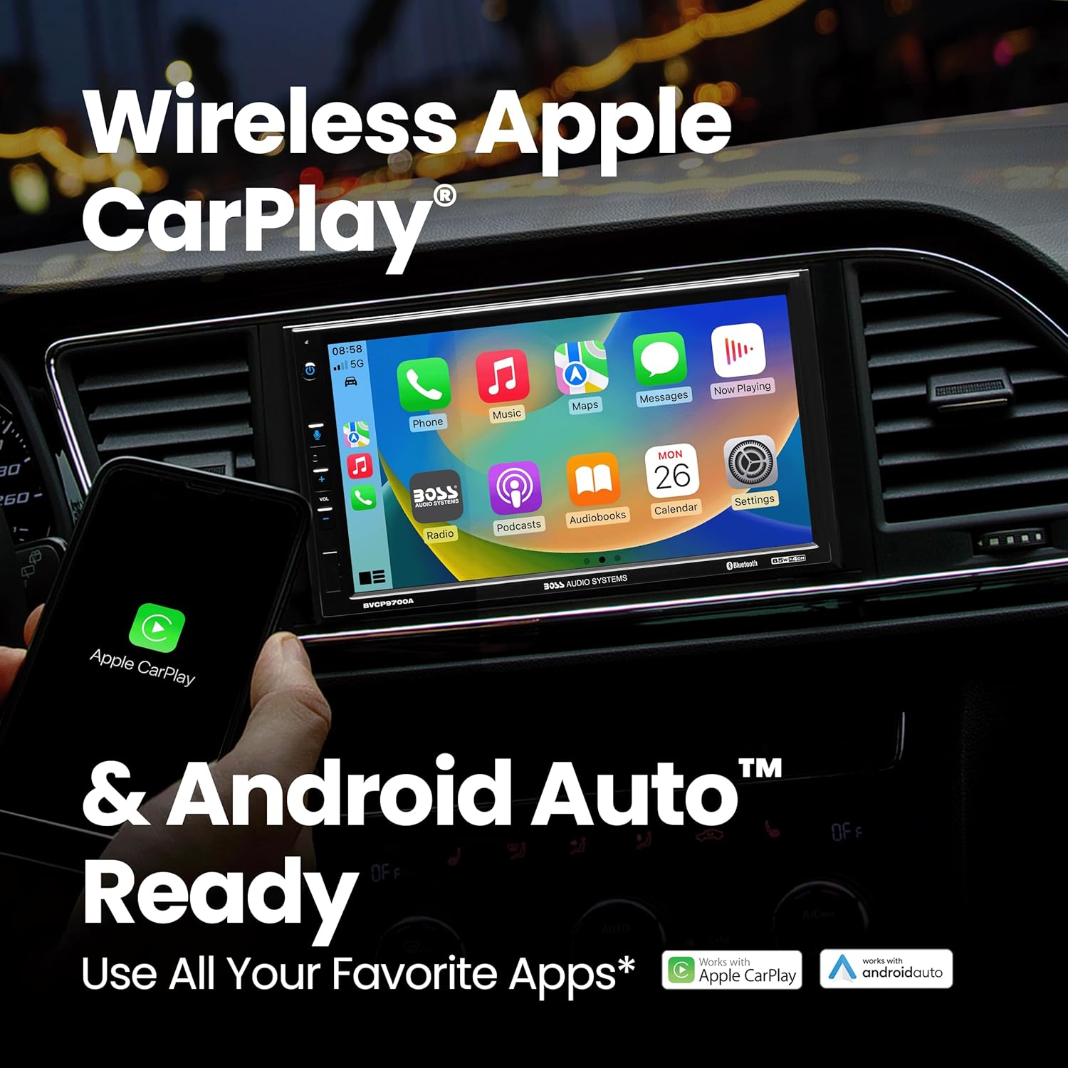 BOSS Audio Systems BVCP9700A Car Stereo - Apple CarPlay, Android Auto, Double Din, 7 Inch Touchscreen, Bluetooth, No CD DVD Player, AM/FM Radio Receiver