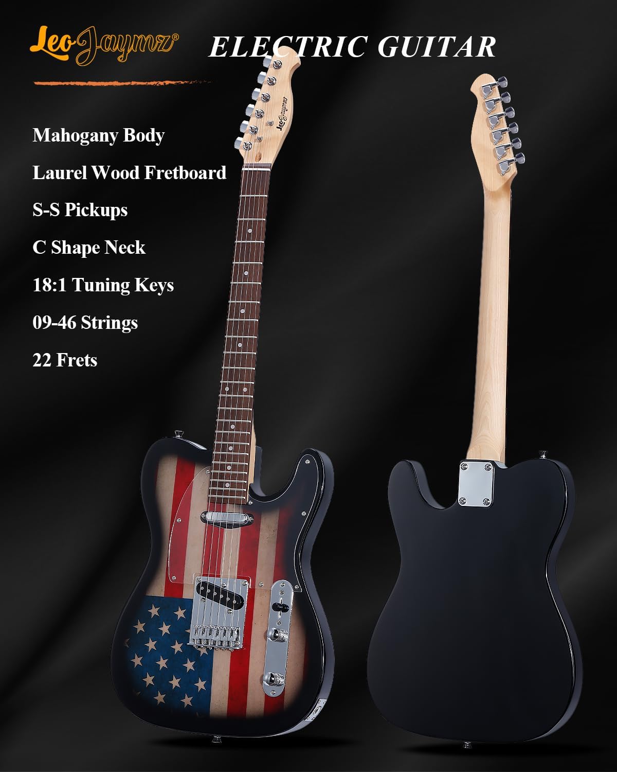 Leo Jaymz TL Style Electric Guitar with US Flag Design - High Gloss Mahogany Body and Hard Maple Neck - High Transparent Acrylic Pickguard (US Flag)