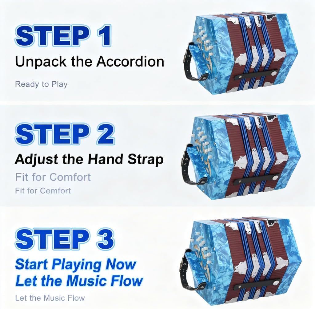 Mini 17 - Key Anglo Concertina Accordion for Adults and Beginners, Blue Portable Wooden Squeeze Box - Adjustable Strap, Lightweight, for Zydeco and Folk Music (Blue)