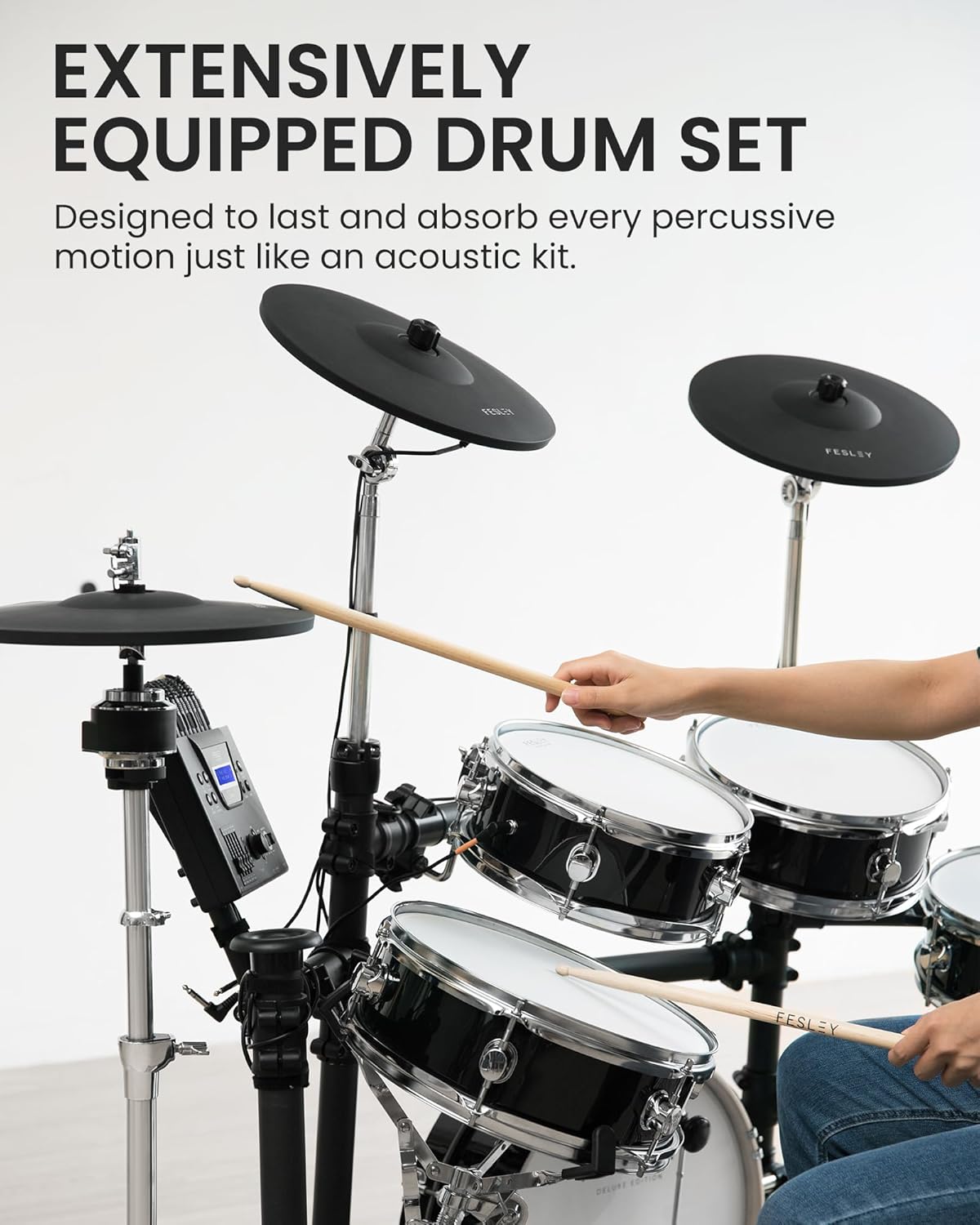 Fesley Electric Drum Set with Independent Kick Snare Drum HiHat Cymbal: Real Sample Sound Source, Bluetooth Electronic Drum Set with Dual Zone Mesh Drum Pad, Dual Zone Cymbal Full Size Adult Drum Set