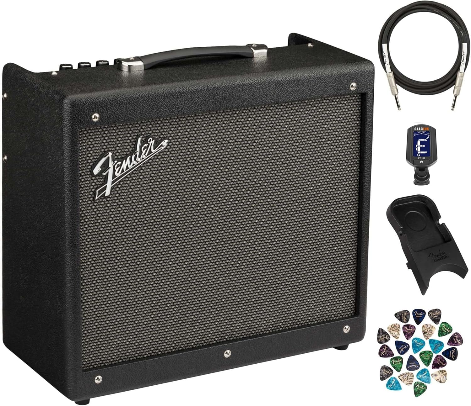 Fender Mustang GTX50 Digital Modeling Combo Amplifier Bundle with Instrument Cable, Amperstand Guitar Cradle, Tuner, and 24-Pack Picks