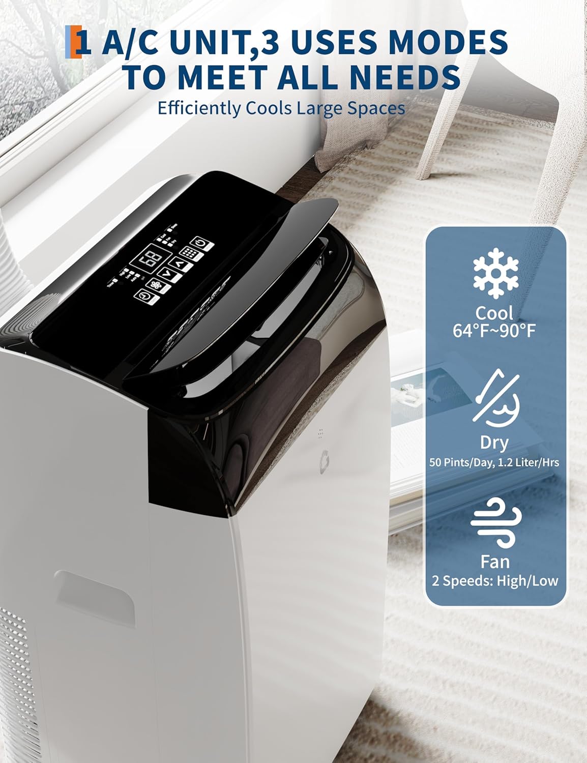 14,000 BTU Portable Air Conditioner with Cover, US Regulation Size - 3-in-1 Cooling, Dehumidifying & Fan Modes, Remote Control, 24H Timer, Auto Evaporation, Sleep Mode, Easy Installation Kit for Home