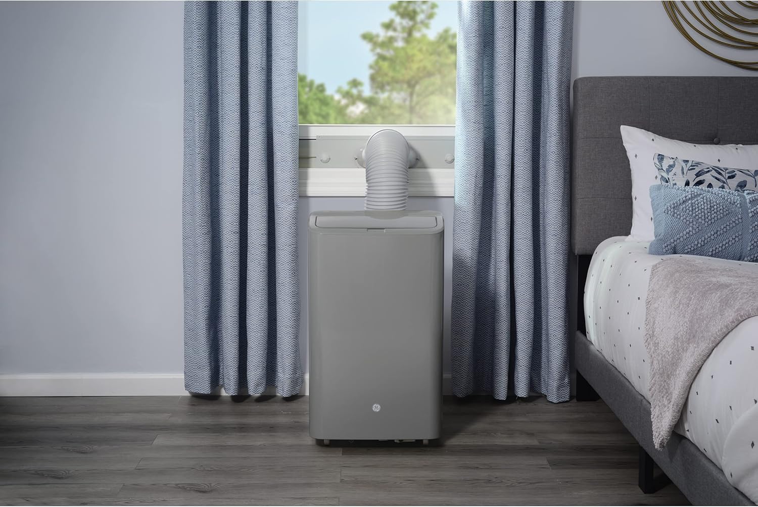 GE 7,500 BTU Smart Portable Air Conditioner for Medium Rooms up to 300 sq ft.,3-in-1 with Dehumidify,Fan and Auto Evaporation,Dual Hose Compatible,Included Window Installation Kit, Built-in WiFi,Grey