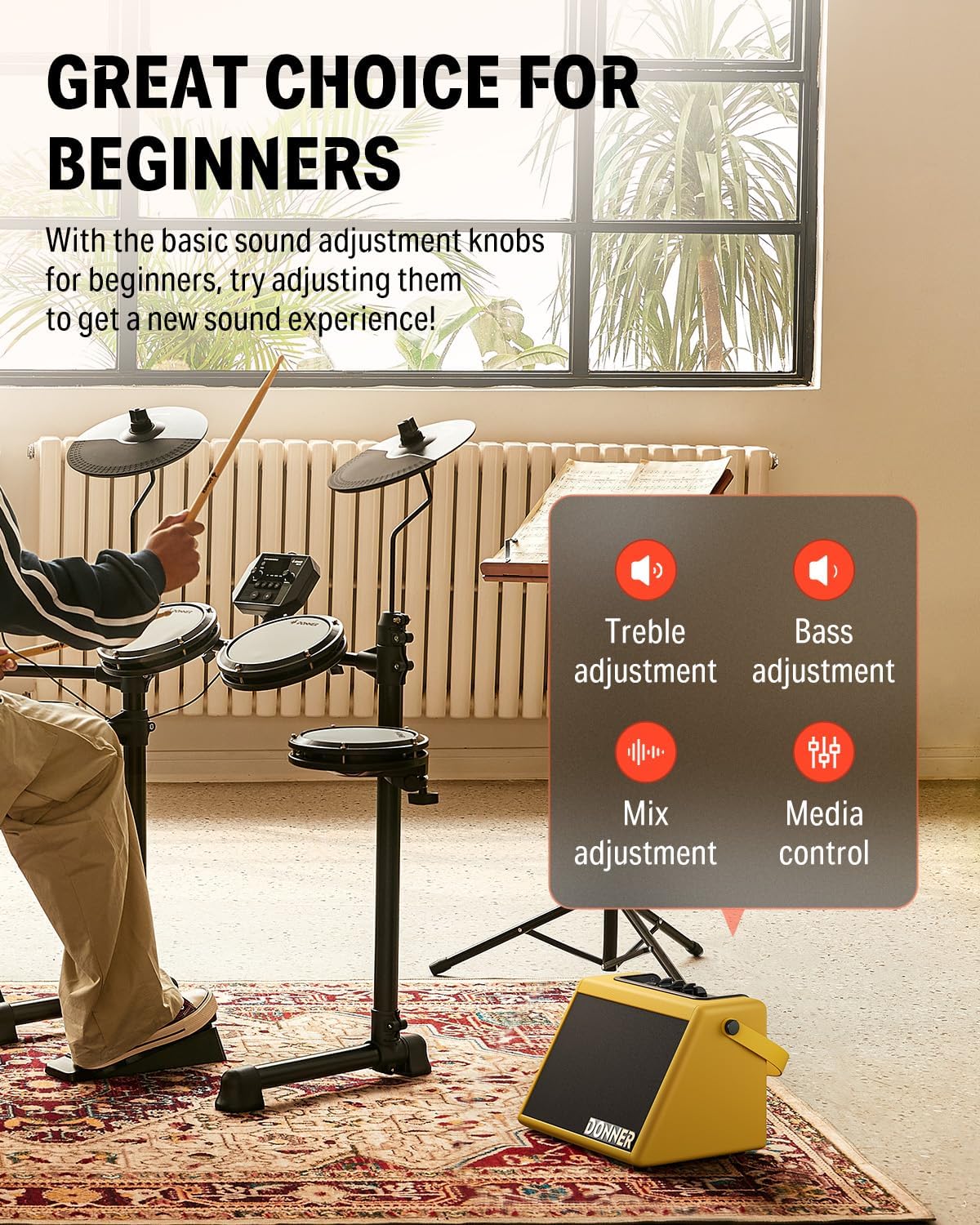 Donner Electric Drum Speaker 20W, Wireless Small Amp for Electronic Drum Sets & Keyboards, DDA-20 Portable for Home Practice & Outdoor Performance (Yellow)