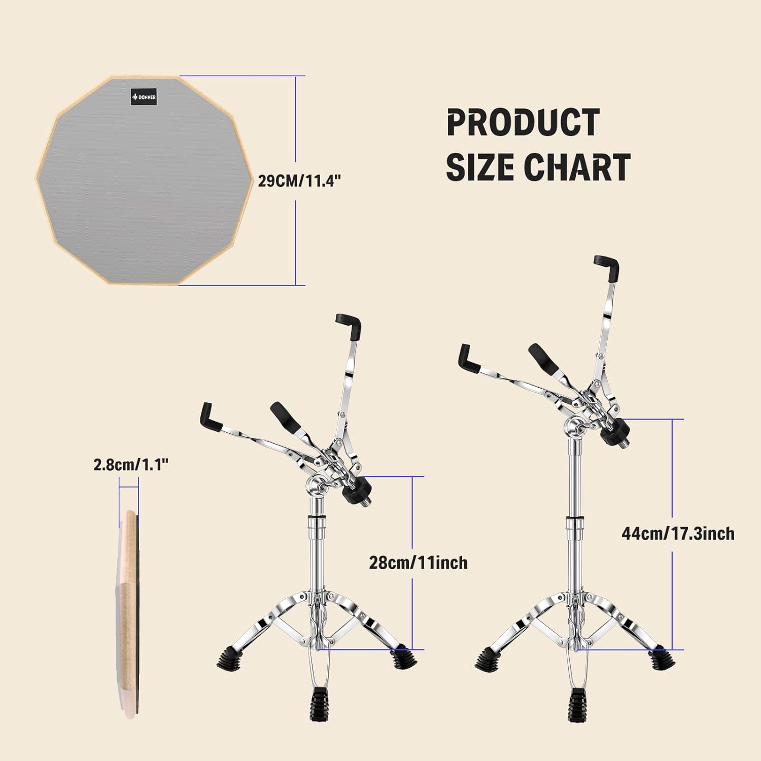 Donner Snare Drum Stand Set with Drum Practice Pad, 12'' Double-sided Silent Drum Pad set, Drumsticks, Backpack Adjustable Stand Fits 10''-14'' Dia Drums