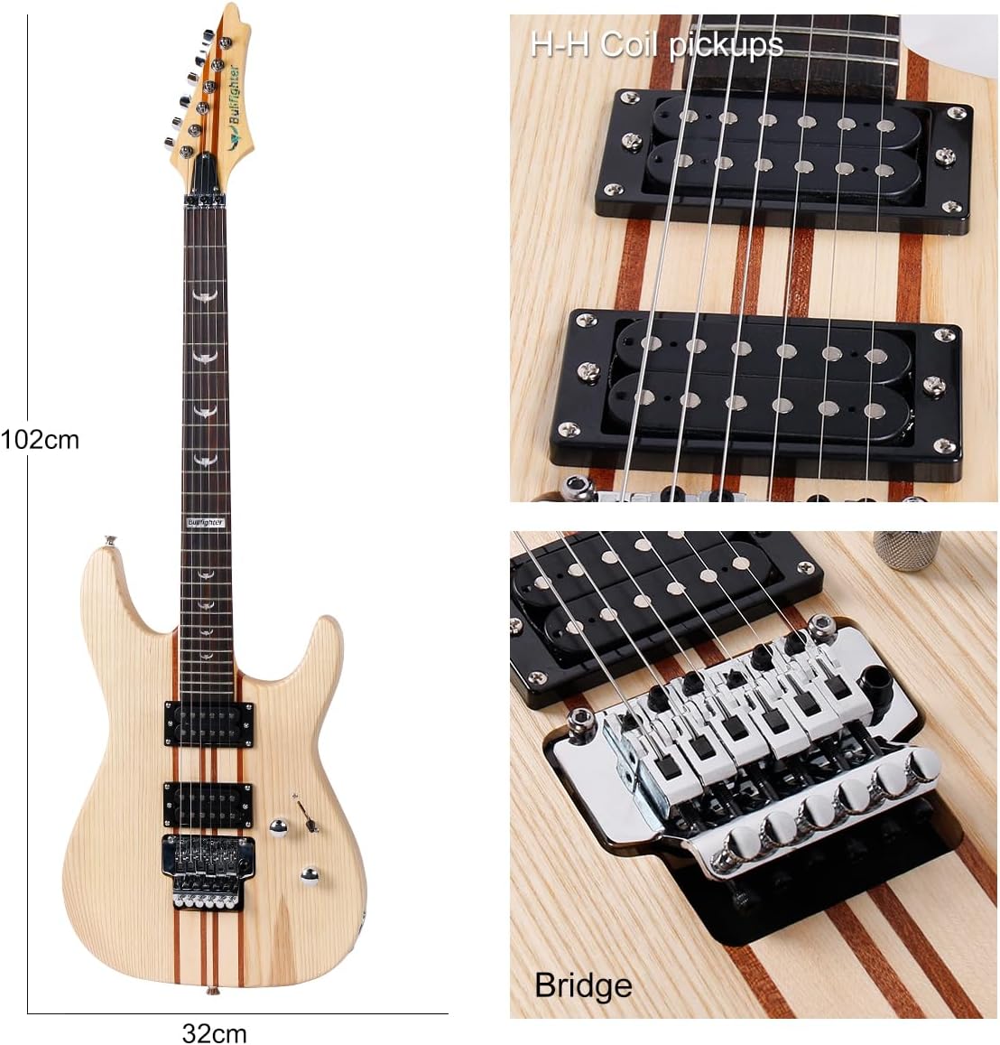 Bullfighter Electric Guitar Kit 39 Inch Full Size, Elm Thru Body Neck, 6 Extra String, Picks, Gig Bag, Shoulder Strap, Cable D300 (wood)