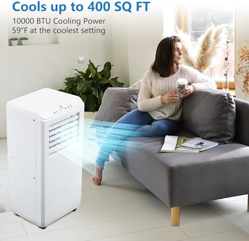 10000 BTU Portable Air Conditioner w/Remote Control Cools rooms up to 450 sq.ft, Quiet & Energy-Efficient AC, 24-Hour Timer, Window Kit, Indoor AC for Bedrooms, Small Spaces