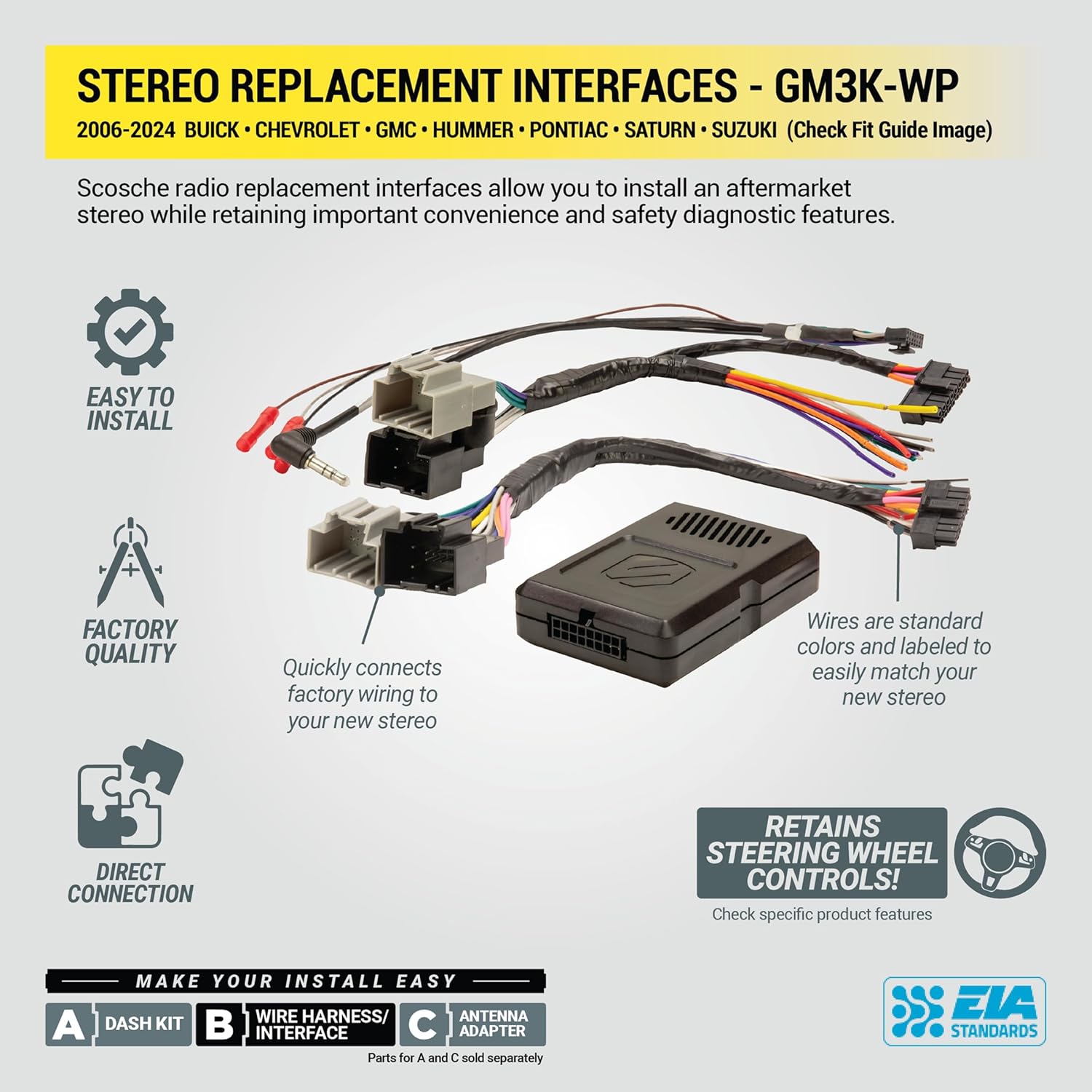 Scosche GM3000SW Factory Stereo Replacement Interface Adapter, Compatible with Select 2004-24 GM Vehicles with GM LAN Radio, Car Radio Wiring Harness, Retain Steering Wheel Control & OEM Amplifier
