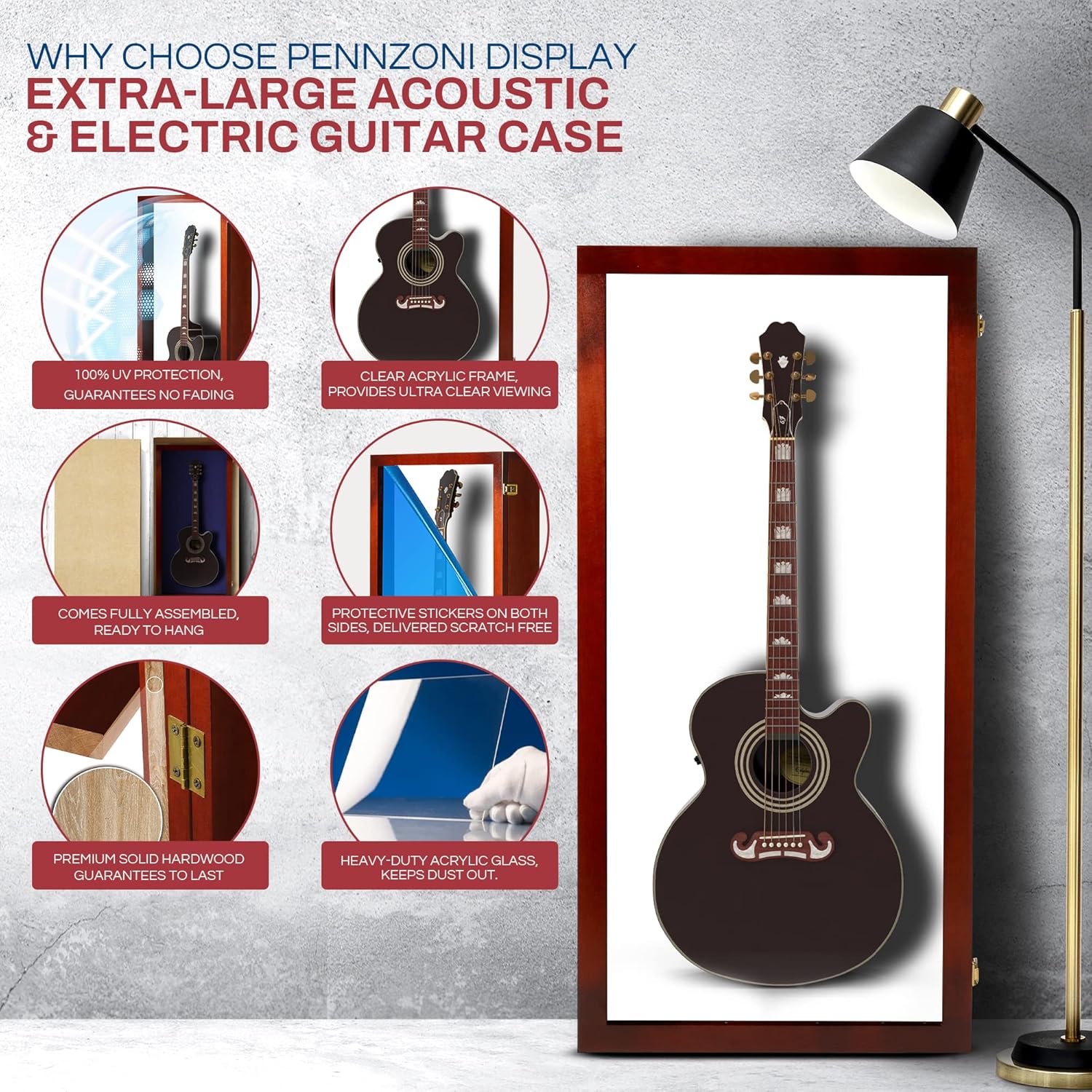 PENNZONI Extra Large Acoustic Guitar Display Case - Wall Mount Display Case for Acoustic/Electric Guitars - Ultra Clear Acoustic Guitar Solid Wood Frame Display Case | Cherry, White Felt