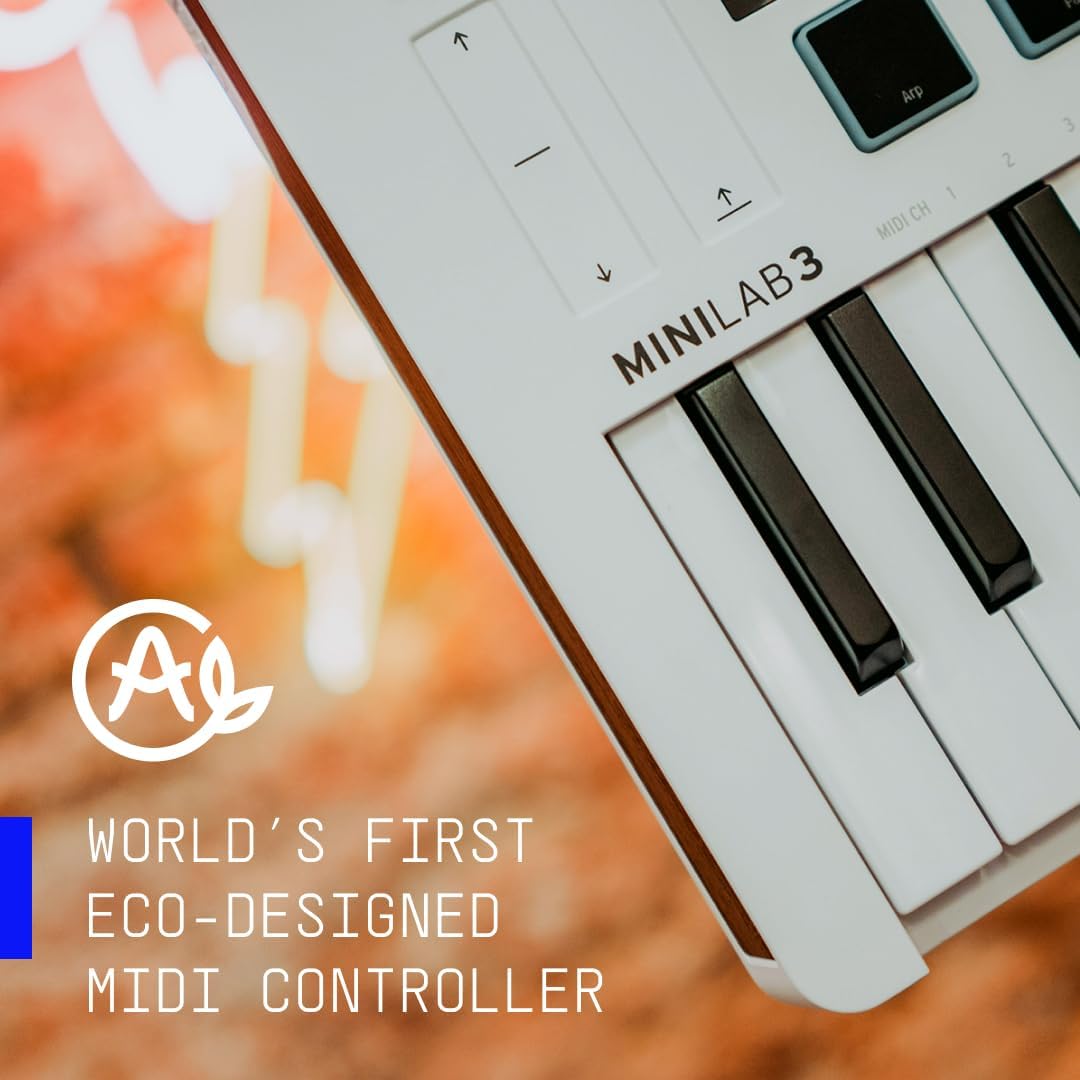 Arturia MiniLab 3 - Universal MIDI Controller for Music Production, with All-in-One Software Package - 25 Keys, 8 Multi-Color Pads - White