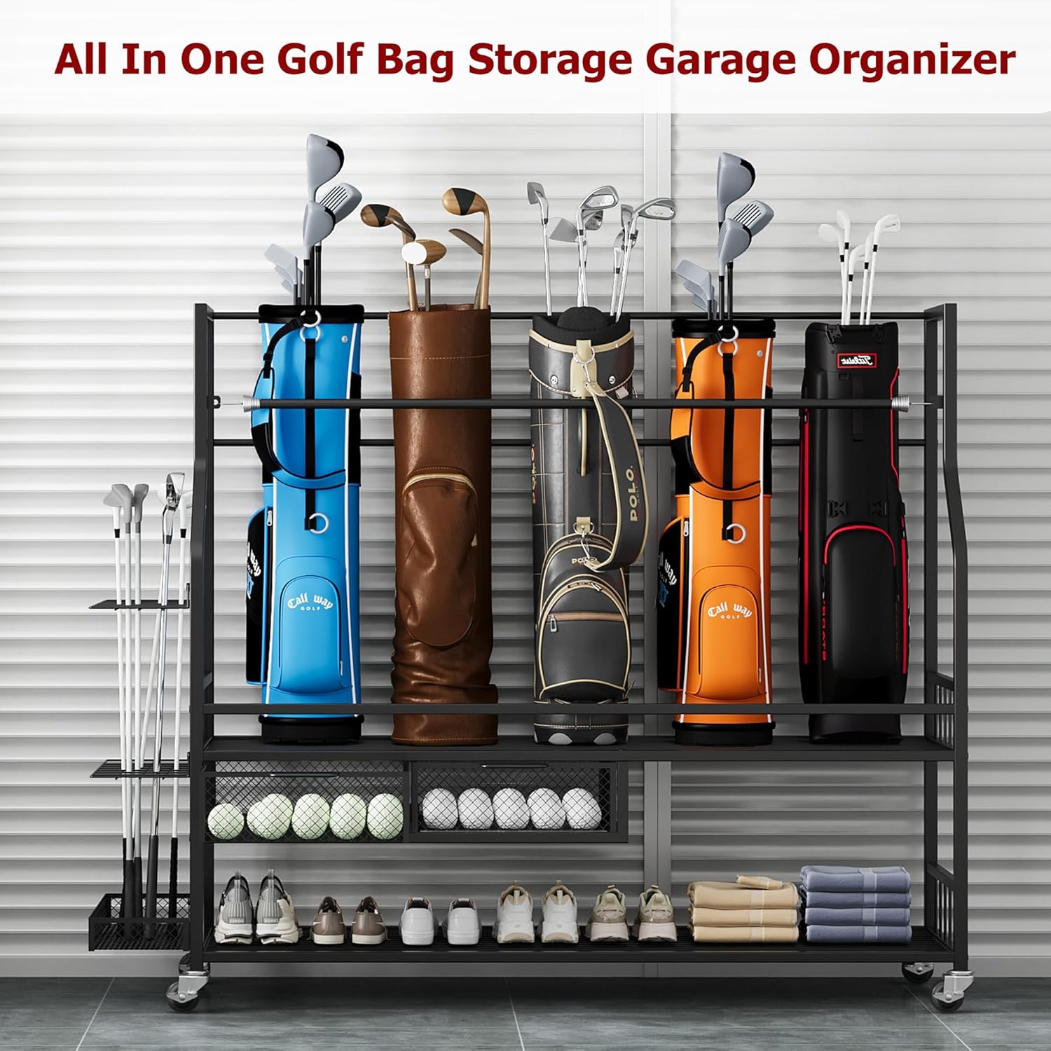 Golf Bag Storage Garage Organizer,Mobile 5-Bag Stand Fit for Golf Bag and Equipment Accessories,Golf Bag Storage Rack with Wheels for Garage