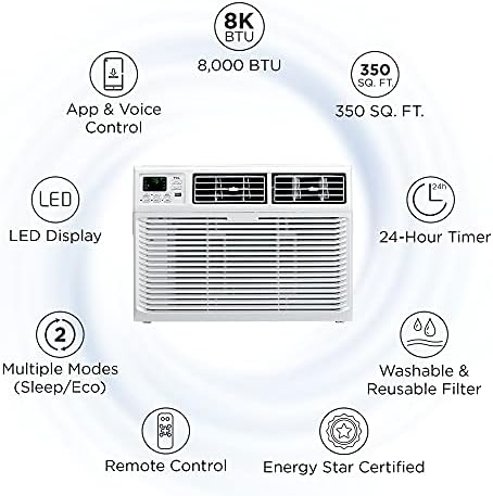 TCL Home 8,000 BTU Smart Window Air Conditioner, App & Voice Control, Energy Star, Cools Rooms up to 350 Sq. Ft., 3 Fan Speeds, Quiet, Multiple Modes, Remote Control (8W9ER1-A)