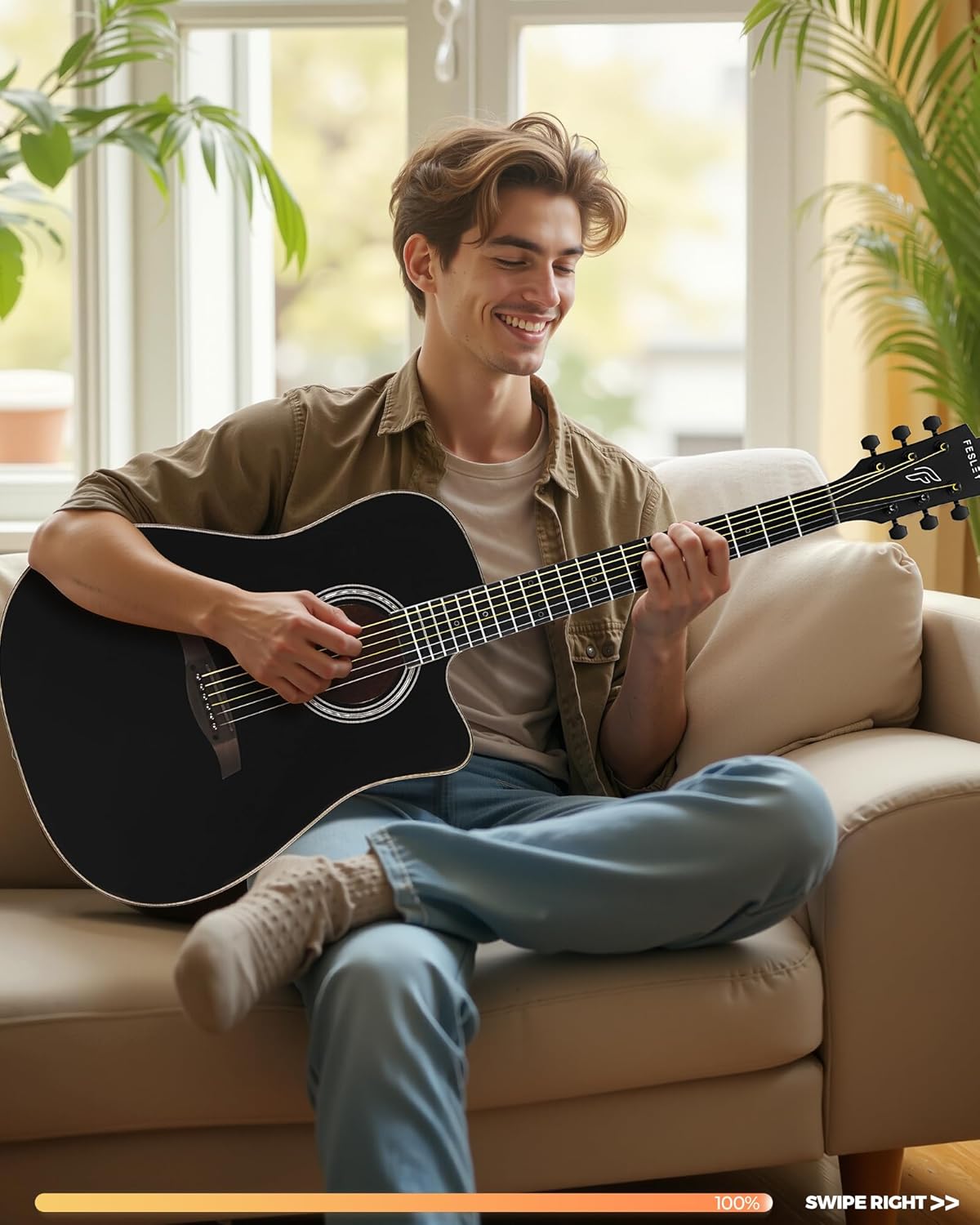 Acoustic Guitar Kit, 41 Inch Full Size 6 String Cutaway Guitarra Acústica for Beginner Adults with Tuner, Gig Bag, Strap, Steel Strings, Capo, Pickguard, Picks, FD60C, Black