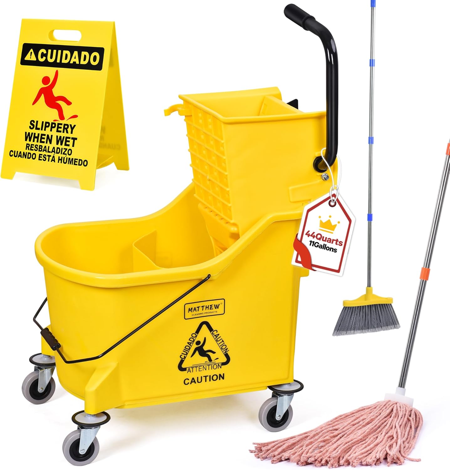 Matthew Cleaning 44Quart Commercial Mop Bucket INCL.Wet String Mop& 19'' Industrial Wet Floor Sign with Side Press Wringer On Wheels,Tandem Portable Floor Cleaning Wavebrake,Ideal for Household