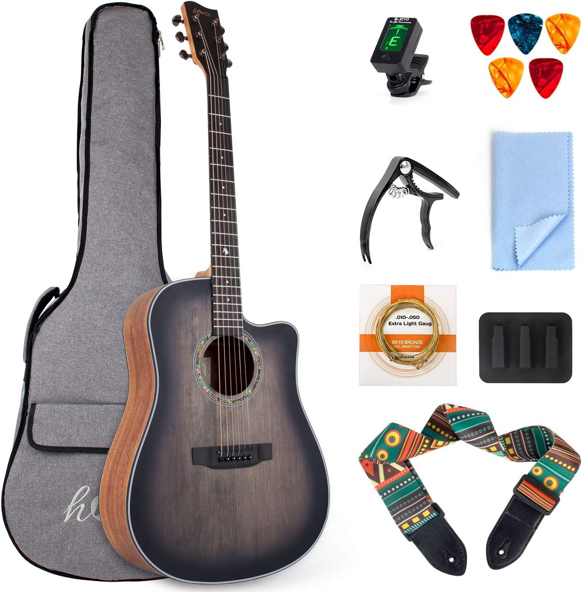 lotmusic 41 Inch Acoustic Guitar Full-size Dreadnought Professional Cutaway Folk Guitarra Bundle 6 Metal Strings with Beginner Kit (Gig Bag, Tuner, Strap, Picks all accessories