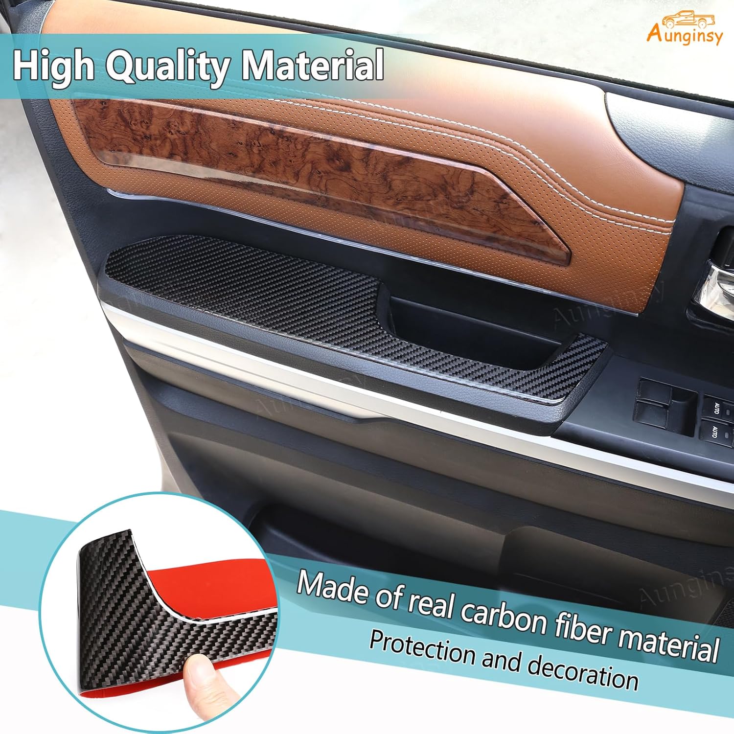 Aunginsy Inner Door Armrest Panel Trim Compatible with Toyota Tundra 2014-2021 Car Soft Carbon Fiber Front Rear Doors Handle Armrest Panel Decorative Sticker Protection Cover Interior Accessories