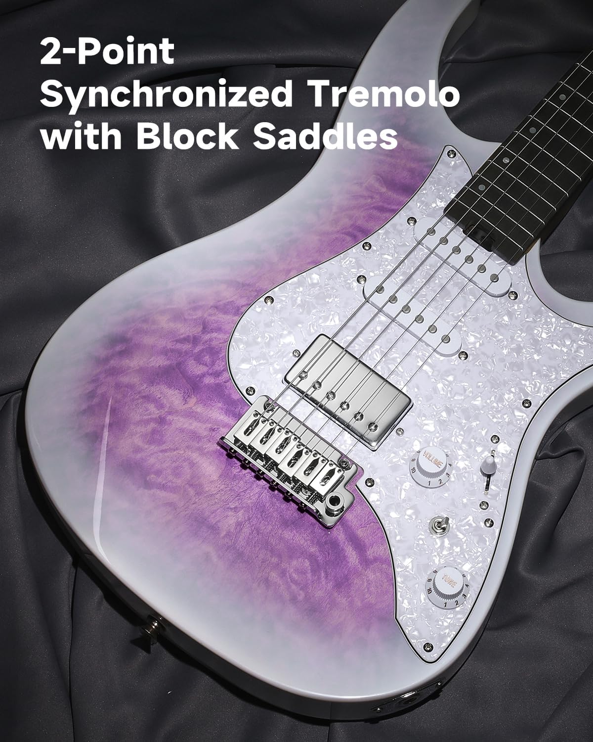 Donner 39 Inch Electric Guitar, DST-550 Color Gradient Poplar Body, Laurel Fretboard & Maple Veneer, 7 Tone Options, Tremolo Bridge, for Intermediate & Pro Players, Bonus Bag – Amethyst white burst