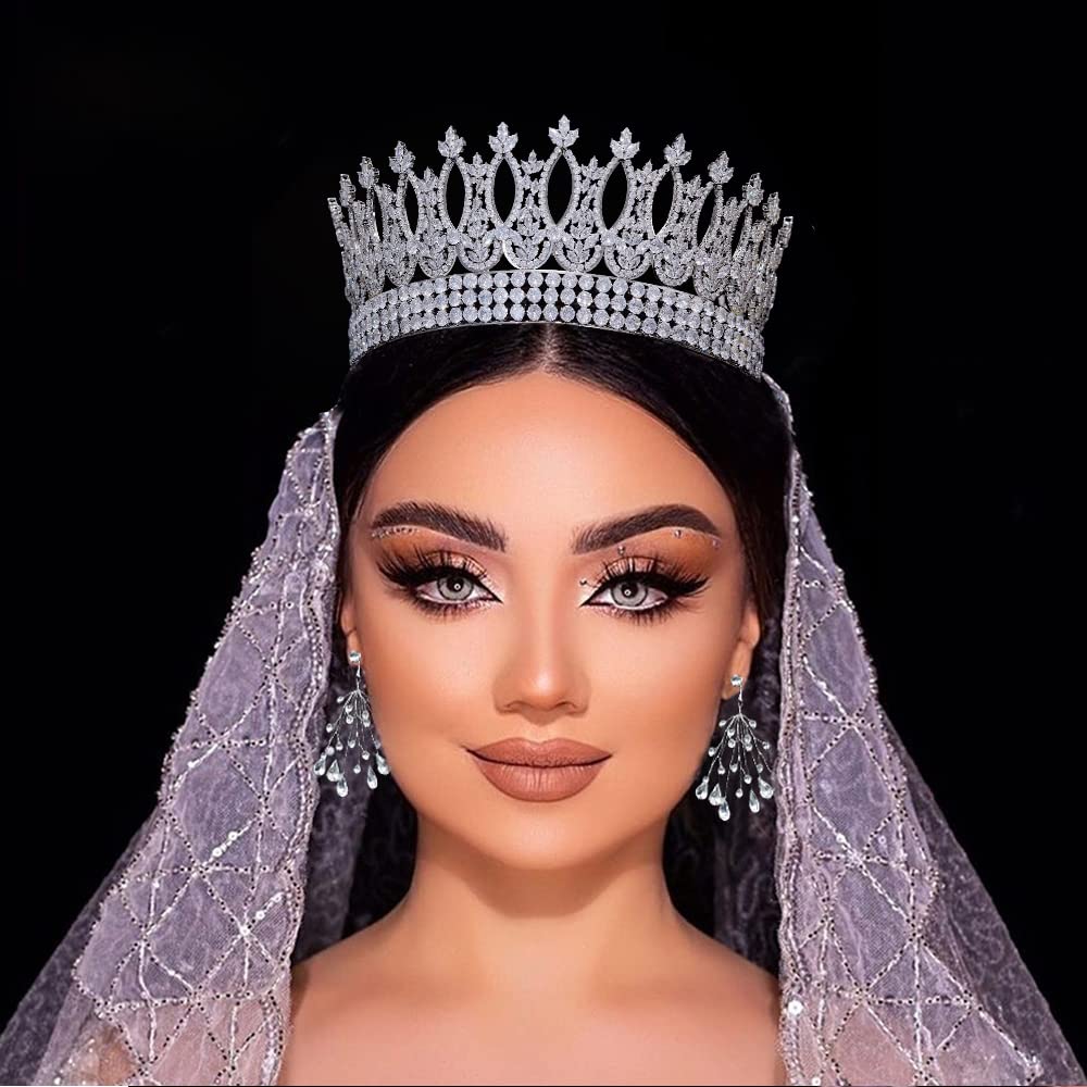 Jorsnovs Luxury Tall Round Wedding Crowns for Bride Queen Tiaras 5A Cubic Zirconia Birthday Princess Big Hair Accessories