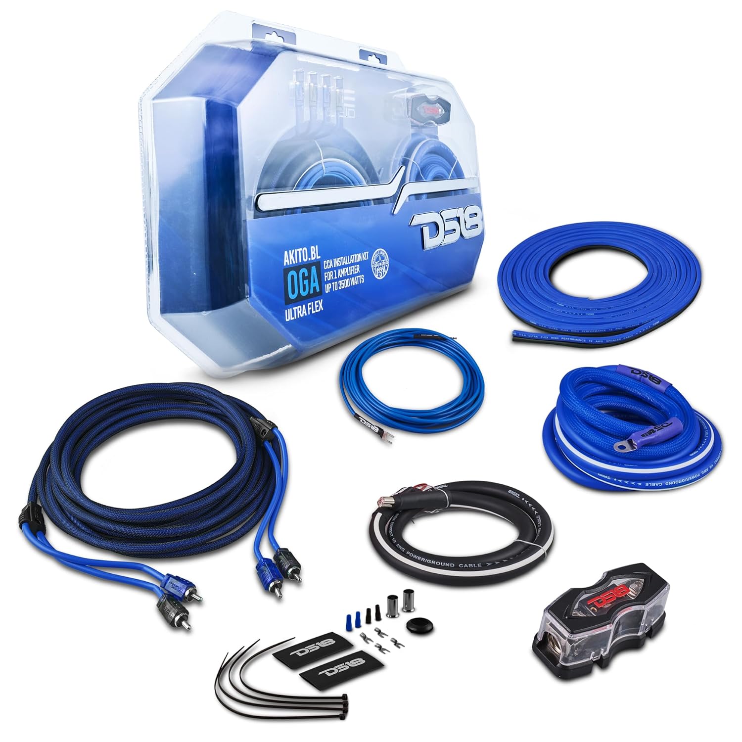 DS18 AKIT0.BL 0-GA Amplifier Installation Wiring Kit with Fuse Holder 250A, Up to 3500 Watts RMS, Ultra Flex Wire, Amp Wire Kit, Amp Wiring Kit 0 Gauge - Blue